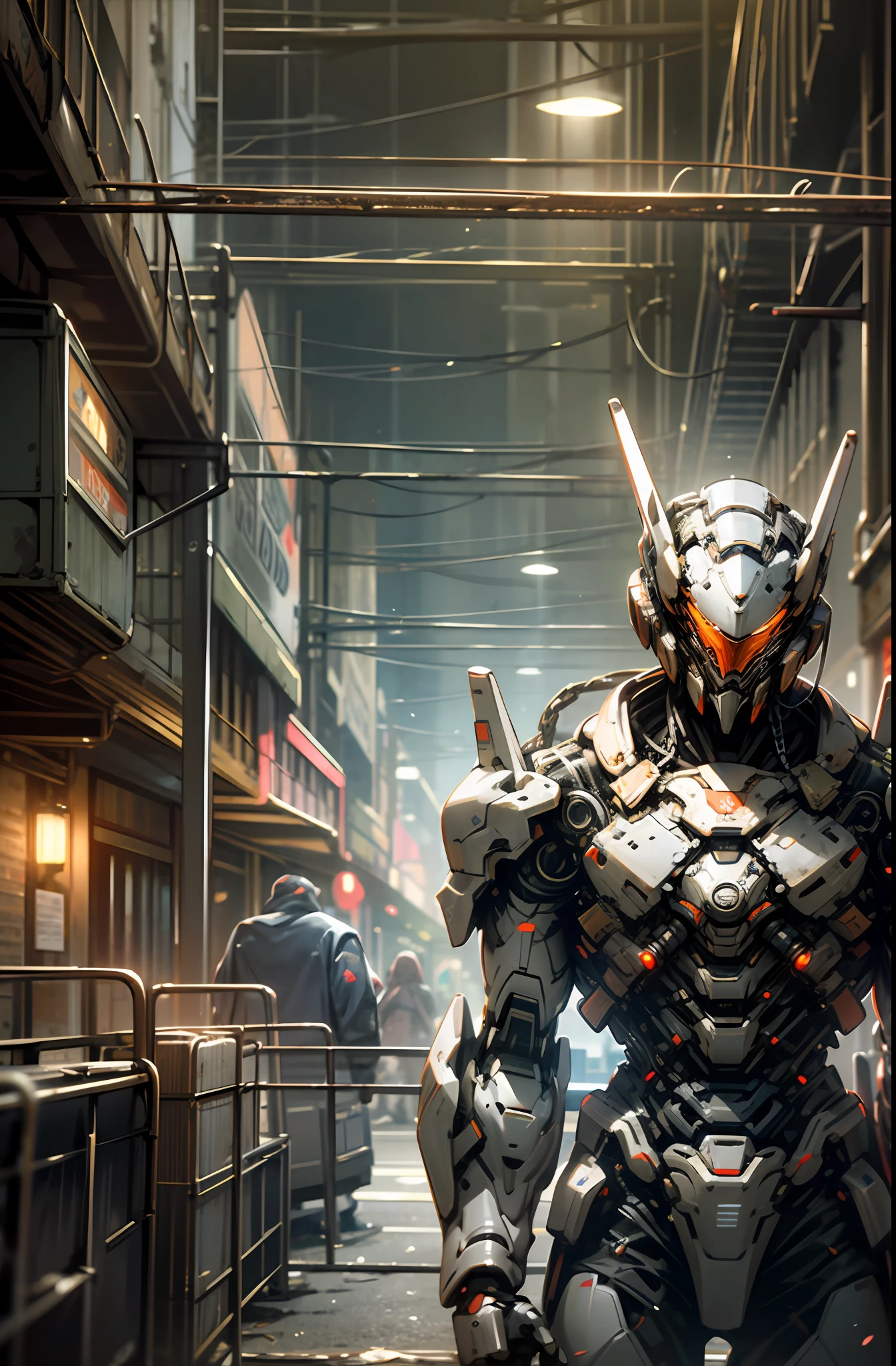 Dark_Fantasy,Cyberpunk,(chain saw,chain saw man,Red:1.1),1man,Mechanical marvel,Robotic presence,Cybernetic guardian, wearing a worn-out mech suit, intricate, (steel metal [rusty]), elegant, clear focus, shot by greg rutkowski, soft lighting, vibrant colors, masterpiece, ((street)), cowboy shot, dynamic pose,