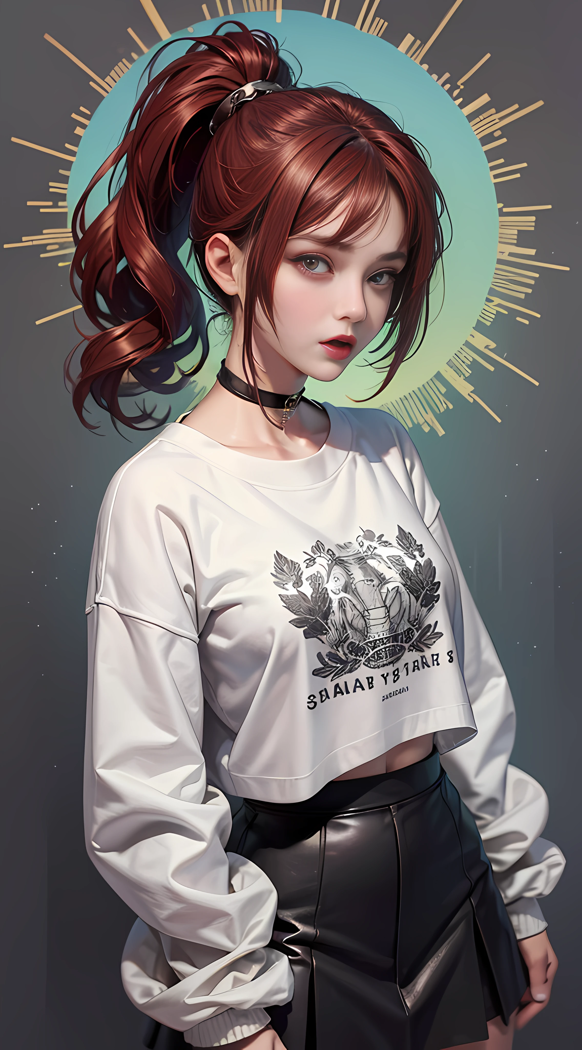 Ultra high quality,8K,gal girl,Sexy and feminine, high and cold,Enchanting,The head proportions are perfect,Gray high ponytail,Wear a sweatshirt monogram print, Short red high-waisted skirt,Flaming red lips,Swan neck,chokers,sun is shining