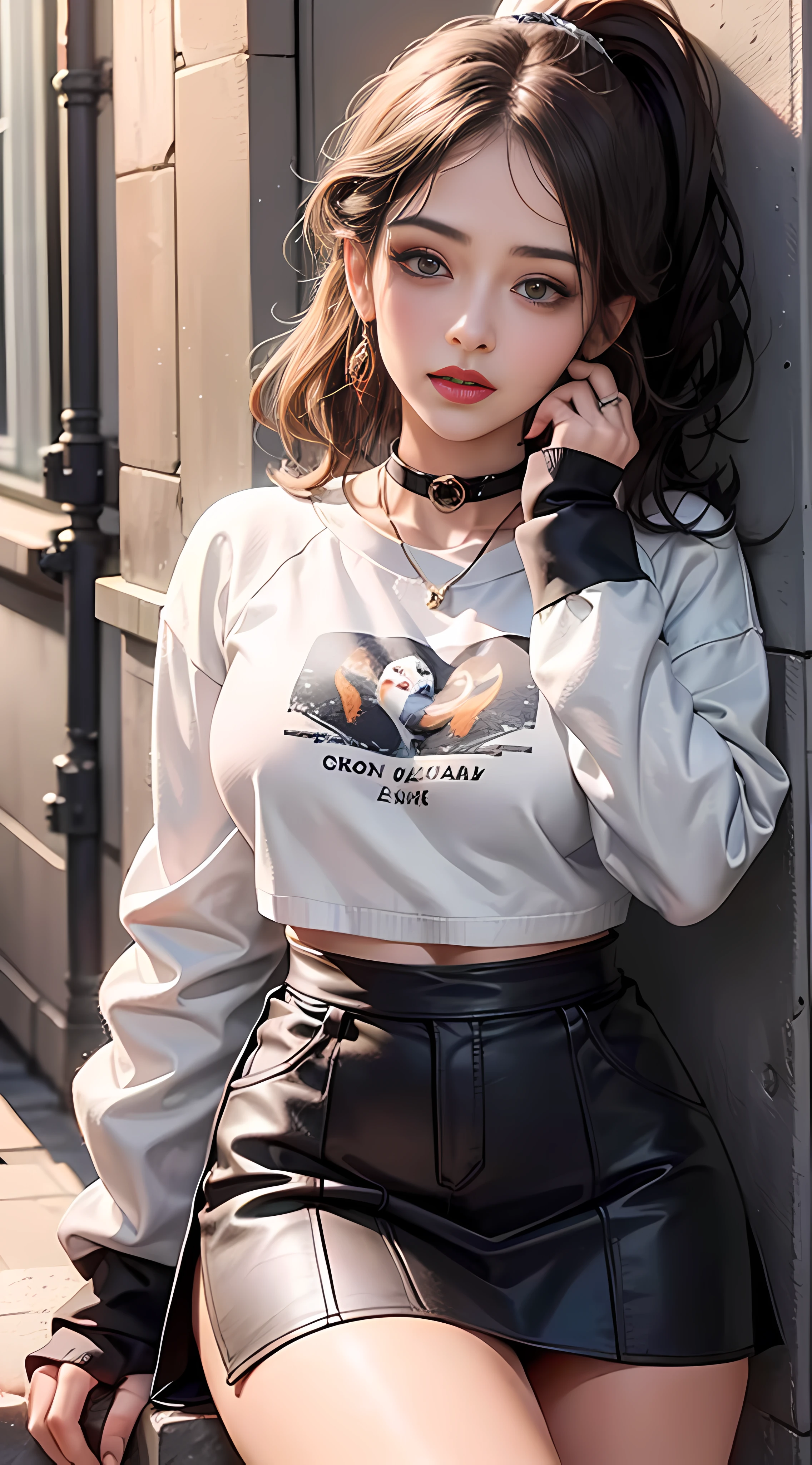 Ultra high quality,8K,gal girl,Sexy and feminine, high and cold,Enchanting,The head proportions are perfect,Gray high ponytail,Wear a sweatshirt monogram print, Short red high-waisted skirt,Flaming red lips,Swan neck,chokers,sun is shining