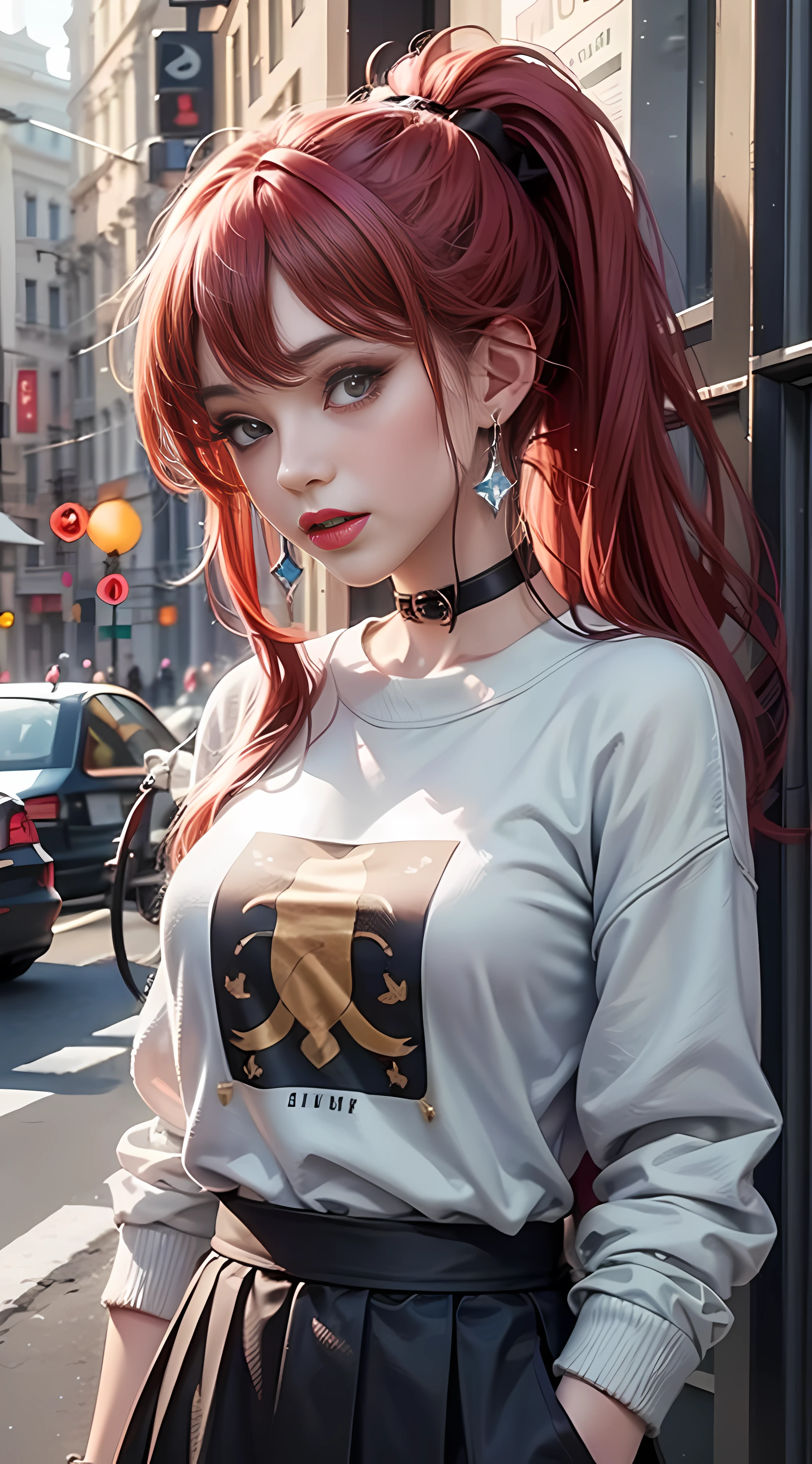 Ultra high quality,8K,gal girl,Sexy and feminine, high and cold,Enchanting,The head proportions are perfect,Gray high ponytail,Wear a sweatshirt monogram print, Short red high-waisted skirt,Flaming red lips,Swan neck,chokers,sun is shining