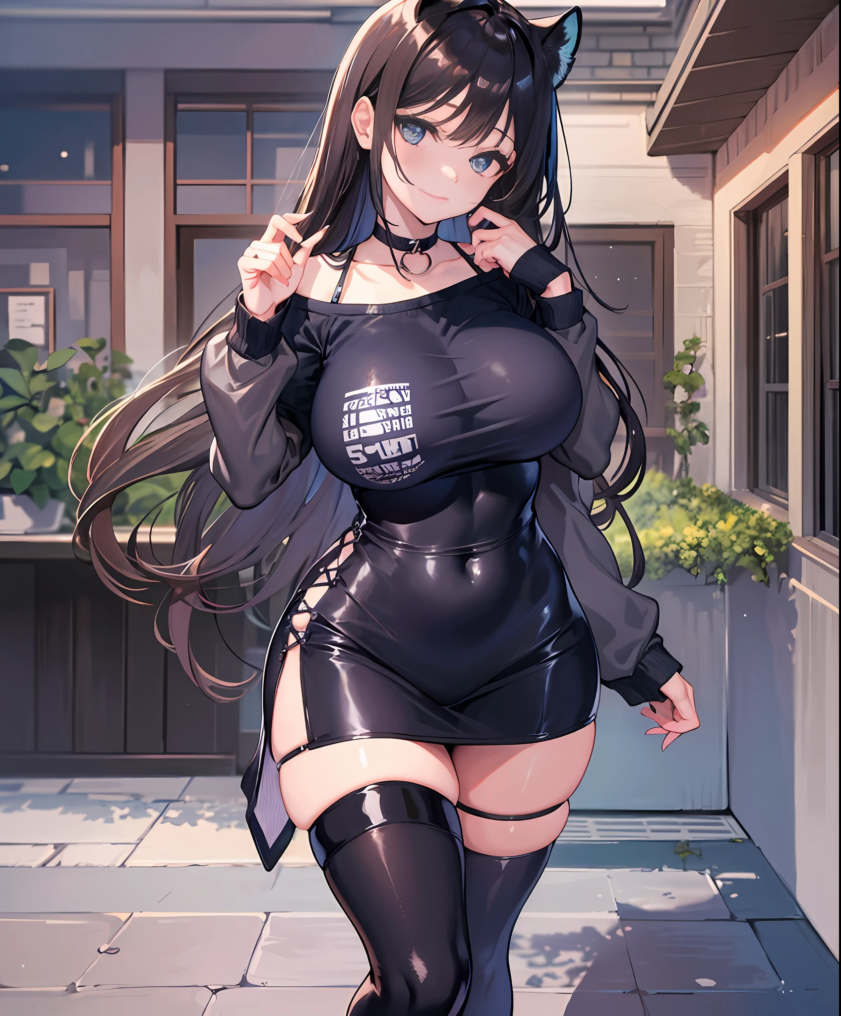 巨作, highly best quality, High_resolution, Fine details, an extremely detailed and beautiful, Distinct_image, 1个女孩, , dark haired,Blue Eye, (gigant breasts), (titts),Curve,Black T-shirt,long hem,(thighhigh),porch,miniskirt