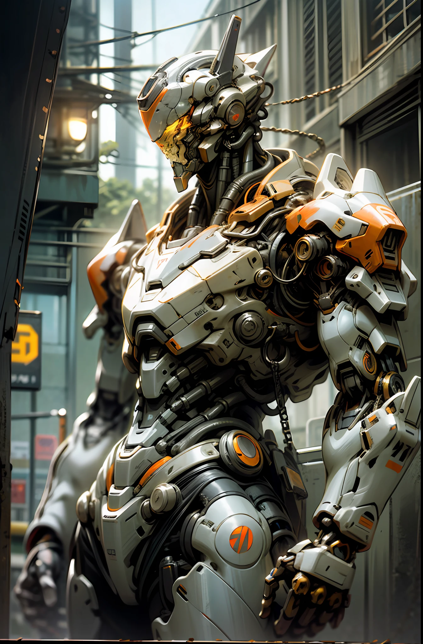 Dark_Fantasy,Cyberpunk,(chain saw,chain saw man,Red:1.1),1man,Mechanical marvel,Robotic presence,Cybernetic guardian, wearing a worn-out mech suit, intricate, (steel metal [rusty]), elegant, clear focus, shot by greg rutkowski, soft lighting, vibrant colors, masterpiece, ((street)), cowboy shot, dynamic pose,