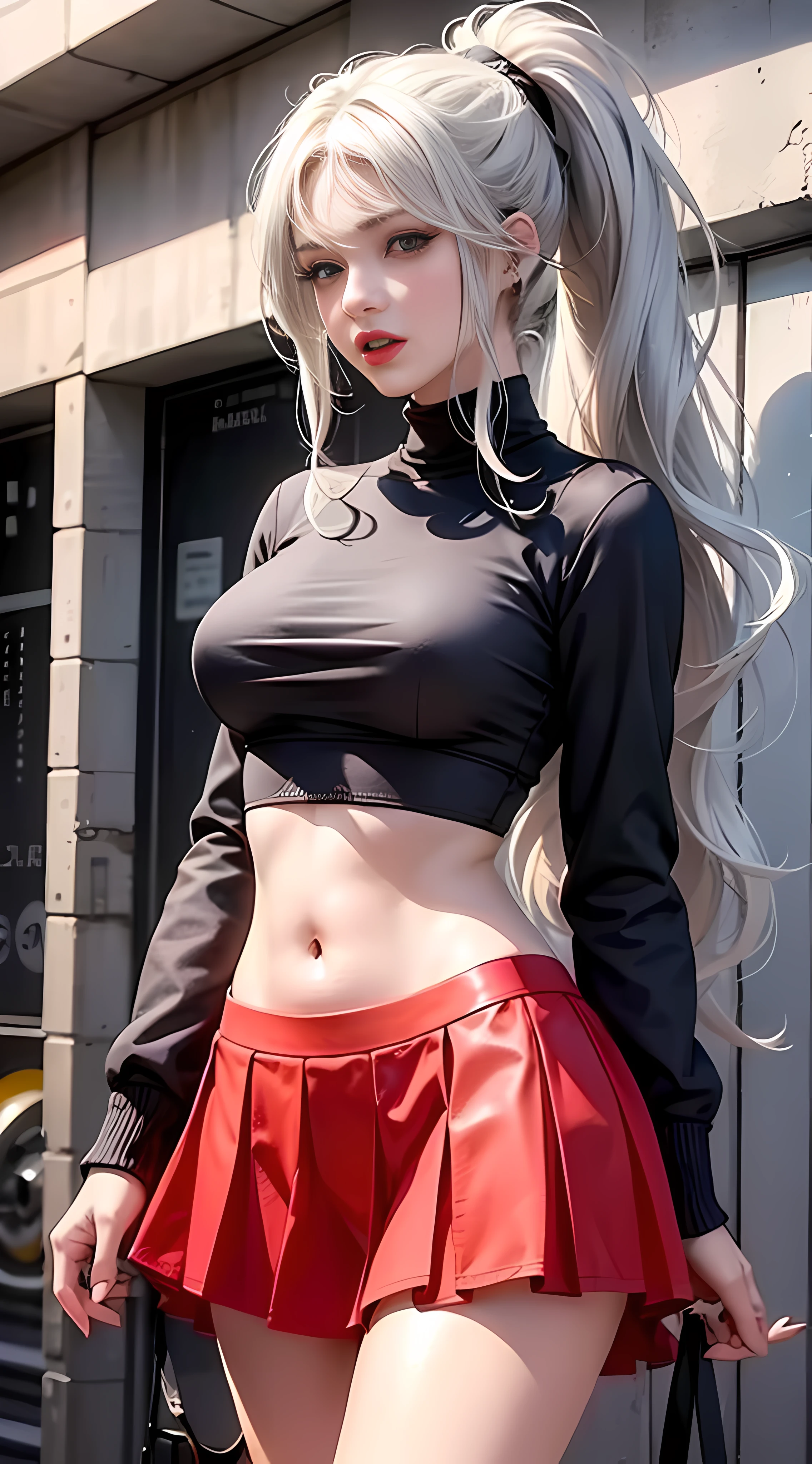 Ultra high quality,8K,gal girl,Sexy and feminine, high and cold,Enchanting,The head proportions are perfect,Gray high ponytail,Wear a sweatshirt monogram print, Short red high-waisted skirt,Flaming red lips,Swan neck,chokers,sun is shining