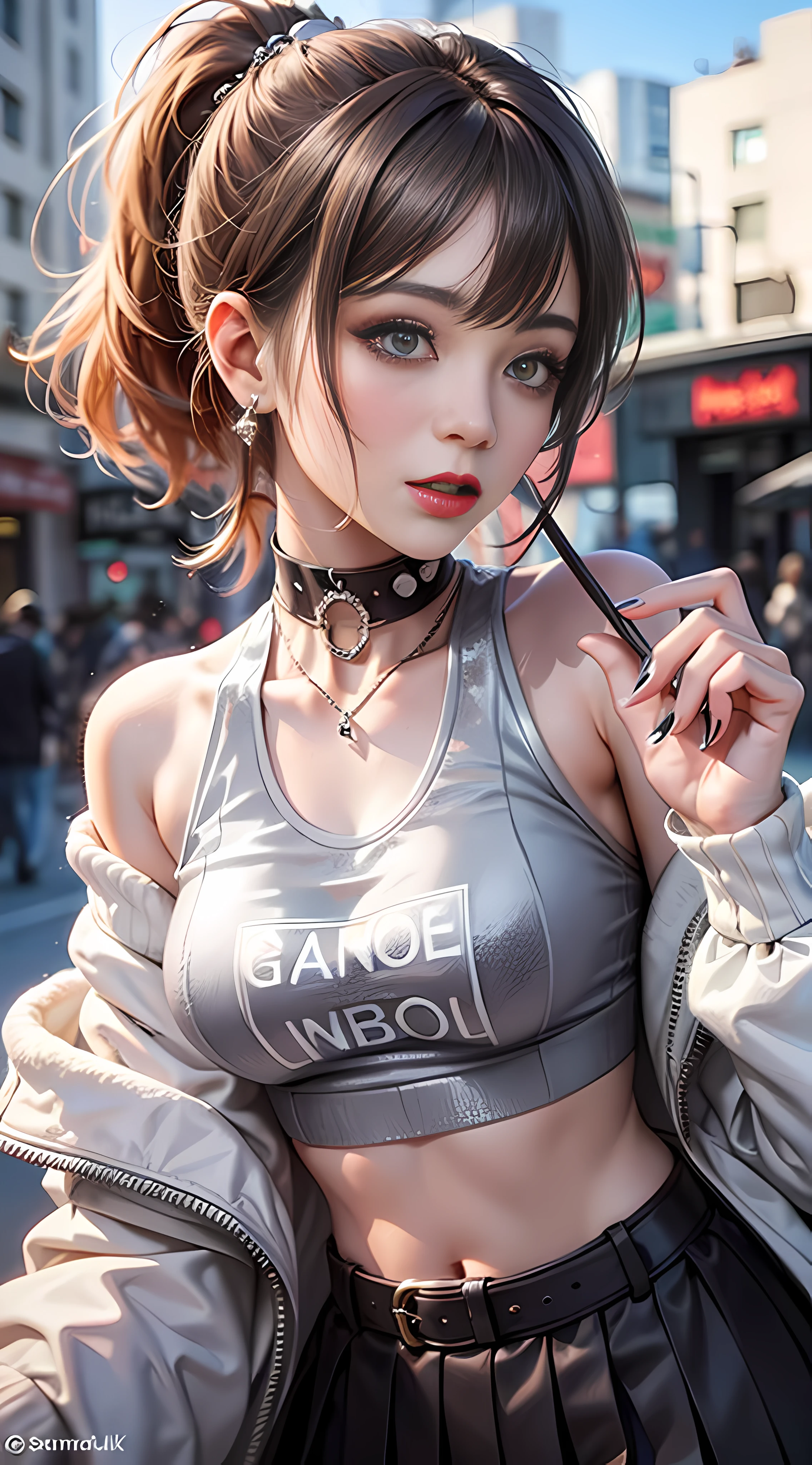 Ultra high quality,8K,gal girl,Sexy and feminine, high and cold,Enchanting,The head proportions are perfect,Gray high ponytail,Wear a sweatshirt monogram print, Short red high-waisted skirt,Flaming red lips,Swan neck,chokers,sun is shining