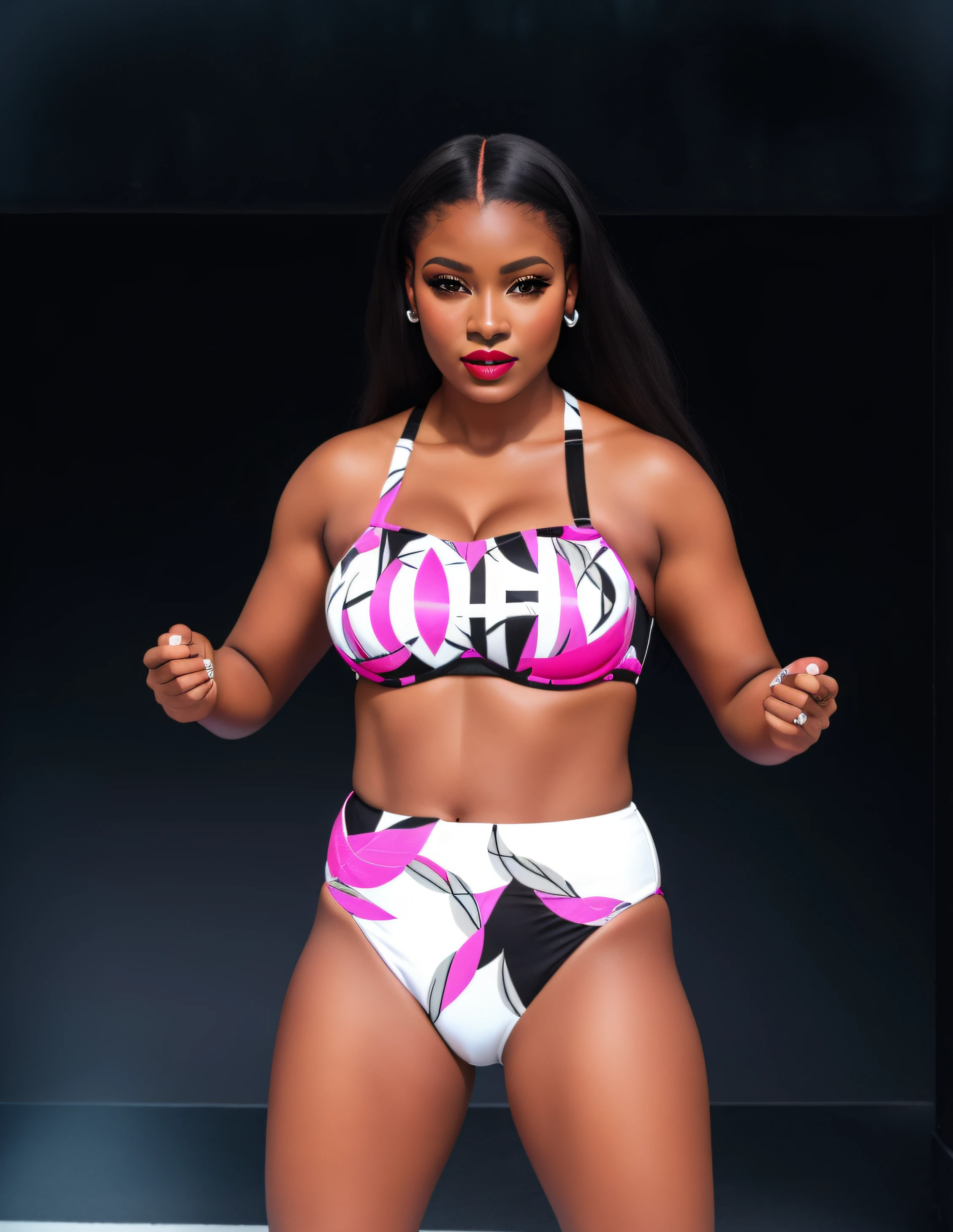 Curvy Black woman with long hair, in black magenta and white bra that says "MONA" and has a lipstick motif, black magenta and white trunks, white wristbands, wearing makeup and lipstick, photo realistic, intricate details