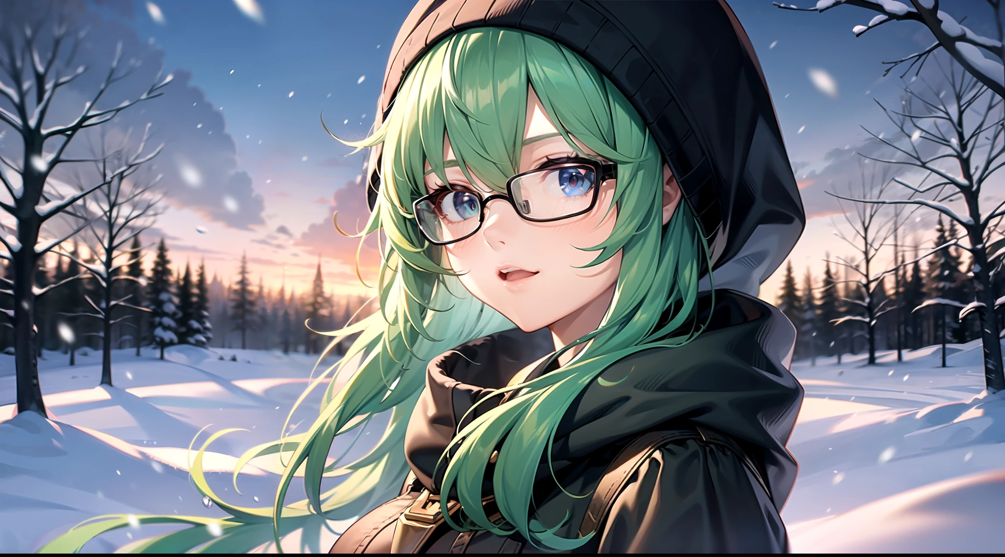one girl stand in snow, green hair, black glasses, high quality, high detail