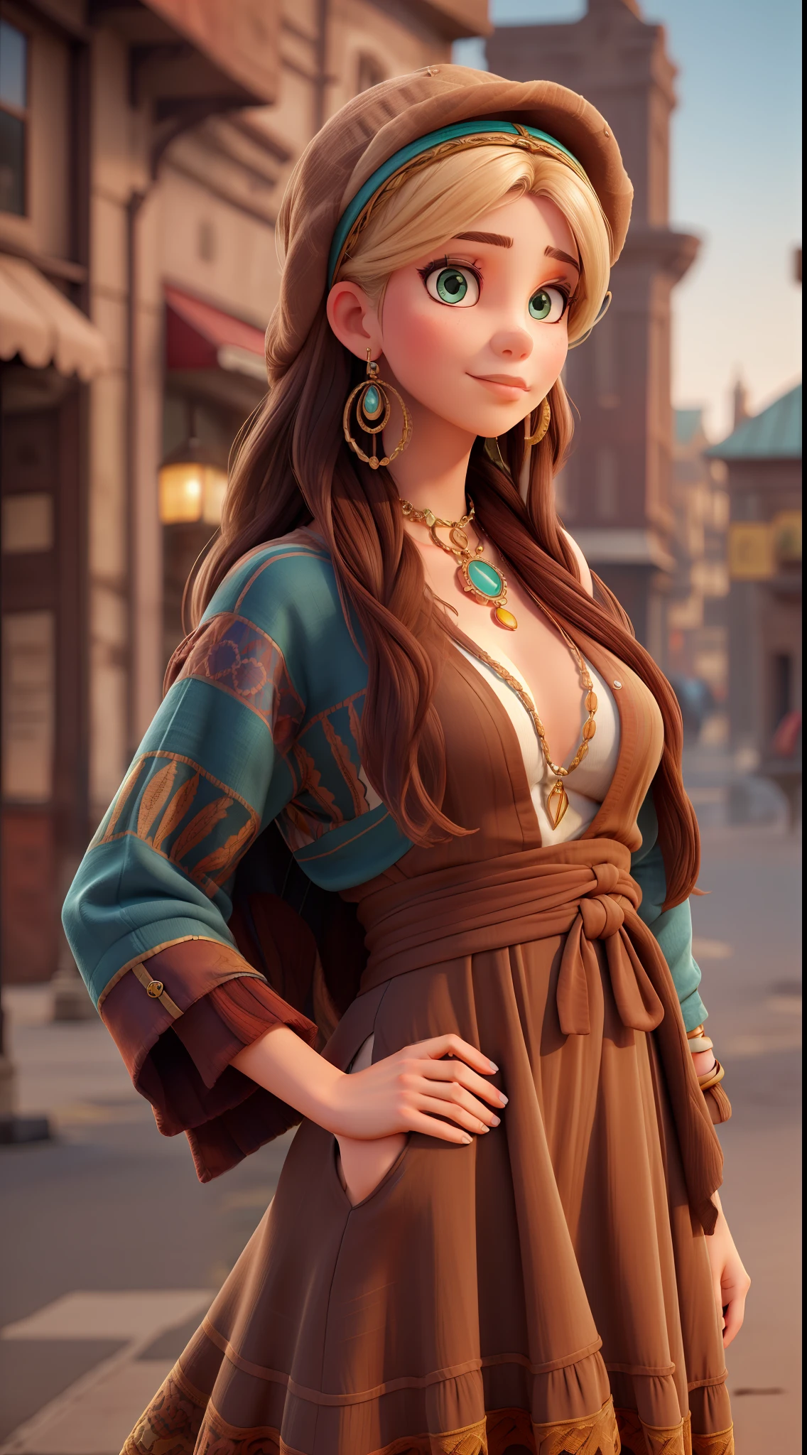 Master professional photography, beautiful woman in bohemian dress and accessories, extreme textures and details, full body portrait shot, bohemian city landmarks background, 64K
