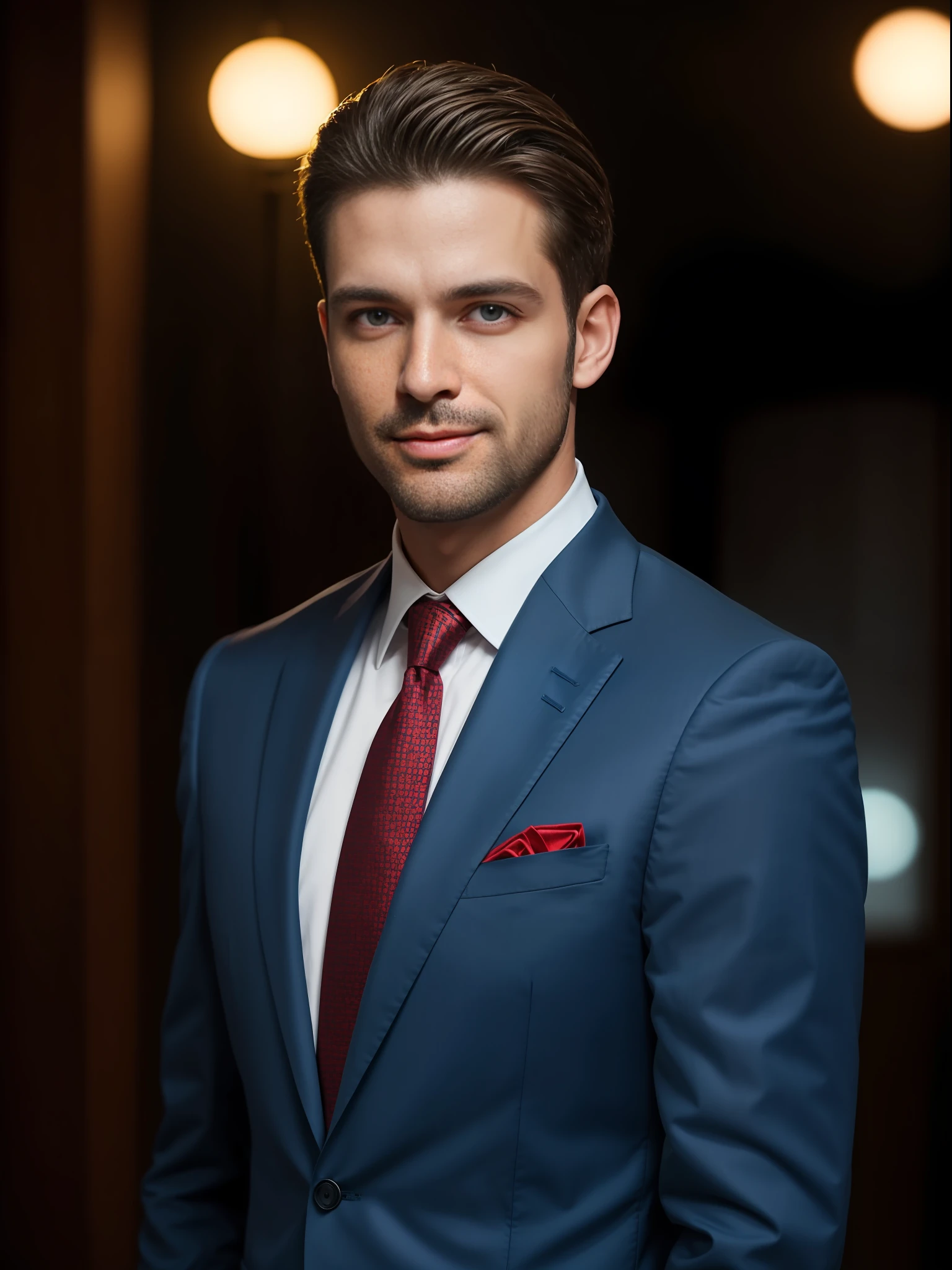 a Man standing with 30 years in suit and tie, body and head straight in the photo, facing the viewer of the photo, eyes fixed to the lens, appears shoulders and head in the photo, man centered in the photo, 8k, best quality, masterpiece, realistic, realistic photo, movie photo, ultra realistic, 1 person, detailed, perfect lighting,  DSRL, professional photo, 4k ,Blue lighting ,Happy expression