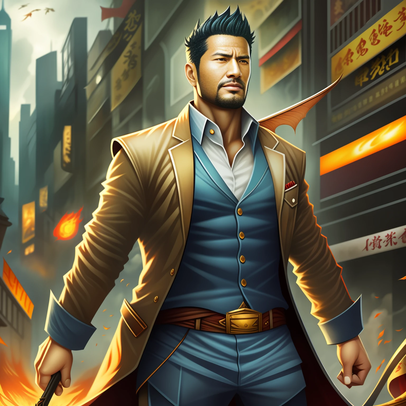 (巨作) Extremely quality, hyper detailed illustration, Ultra-high resolution, Interprets the handsome image of 35-year-old Hong Kong detective Kong Lin, who is mature and mature。Muscle average，Short hair and inadequate trimming of stubble，Dress up in a surreal city。Magic the Gathering cards floating around him，The red dragon flew by leisurely。Background details are exquisite，The scene is surreal，Create an enchanting graphic style。