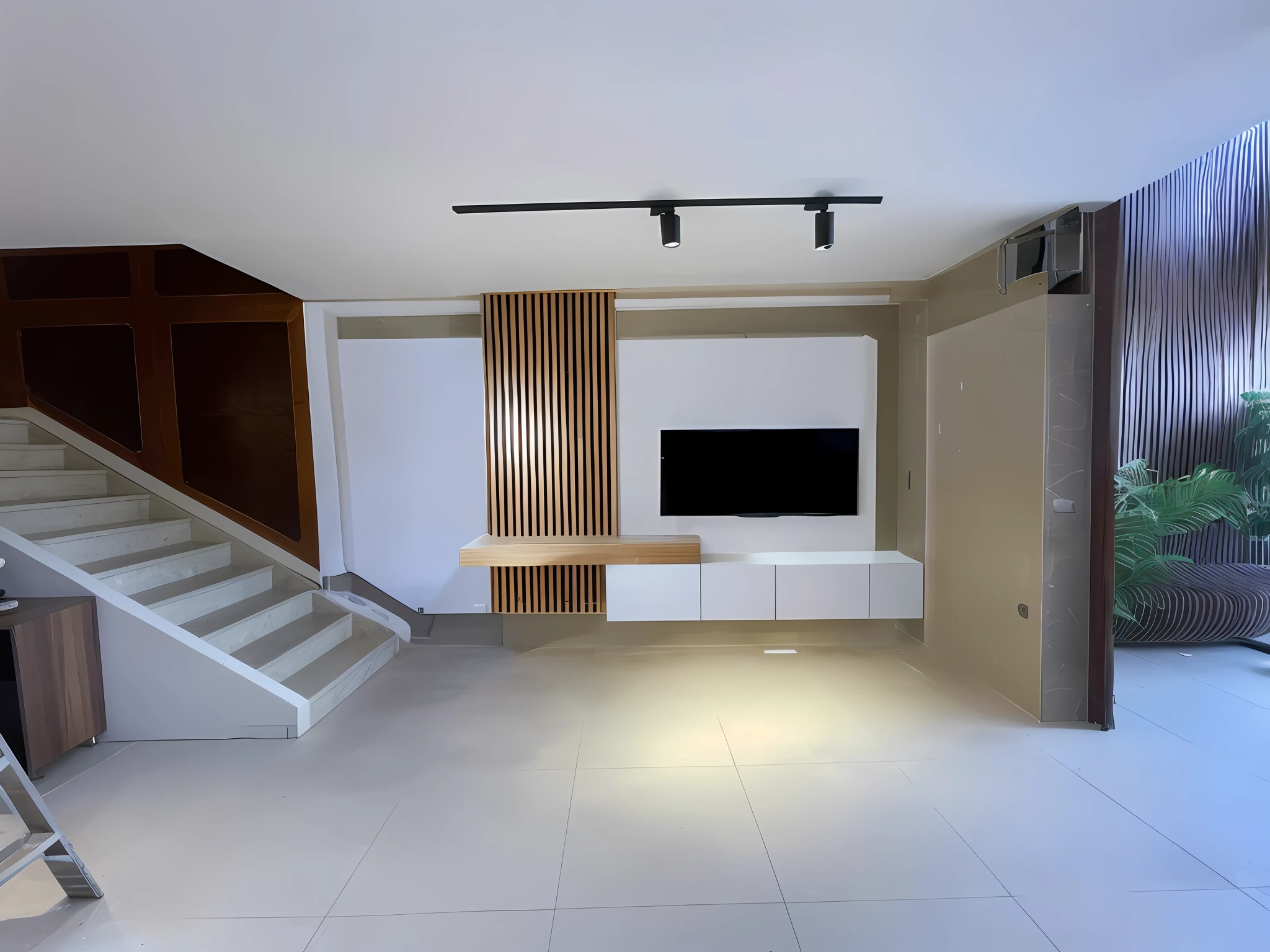 there is a living room with a staircase and a flat screen tv, living room with split levels, placed in a large living room, 4k post, 4 k post, taken in 2 0 2 0, complete house, interior white wall, interior of a living room, lounge room, 8 k wide shot, 4k!, octa 8k, 4 k!!!