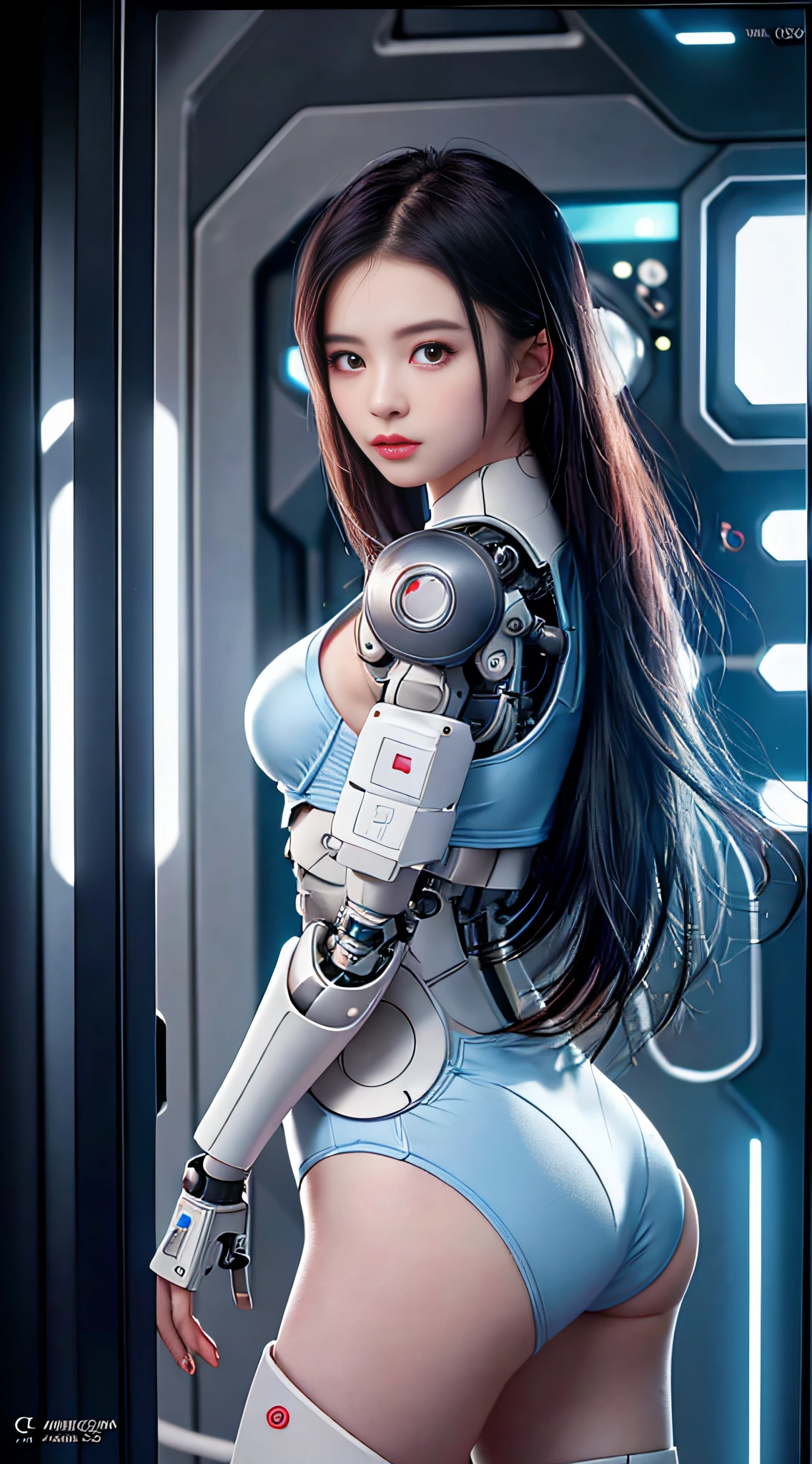 Dystopian, [sci-fi], High Detail RAW color Photo, Full Shot, of (cute female arterial intelligence, cybernetic enhancements), indoors, standing, (inside cryogenic chamber, in advanced cyberpunk research facility), toned physique, (small perky breasts, normal, large ass, (pale skin), (cybernetic implants:1.2), (augmentations), (cyborg:1.1), (detailed skin, diffused skin pores), silicone, metal, (highly detailed, fine details, intricate), (lens flare:0.4), (bloom:0.4), diffused soft lighting, raytracing, shallow depth of field, (Oliver Wetter), photographed on a Canon EOS 5D, 90mm micro lens, f/8, sharp focus, smooth, cinematic film still from Blade Runner 2049, [Cyberpunk:Dieselpunk:0.25]