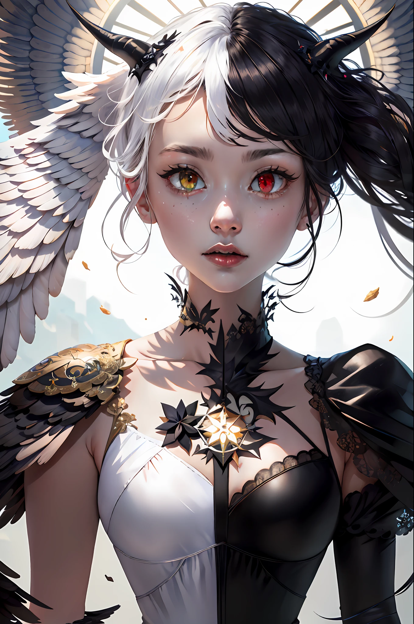 (masterpiece:1.3),(best quality:1.2),8k,absurdres,unity 8k wallpapper,(extremely detailed:1.3),highestres,
1girl, ,heterochromia, white hair, black hair, split theme, angel,devil,wings,