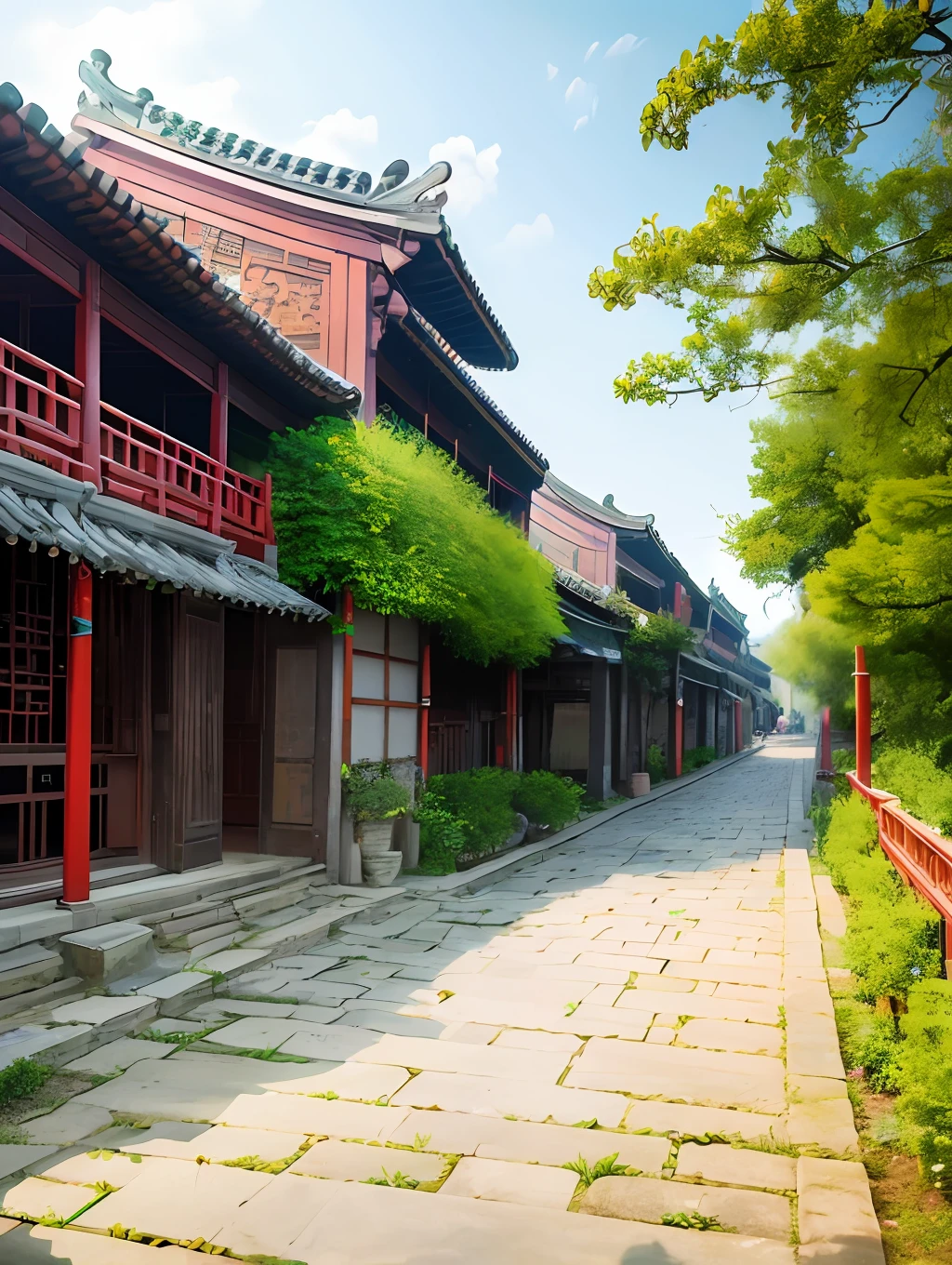 Jiangnan Ancient Town，Flowers grow on both sides of the road，colorful，Very beautiful，A tranquil，Ultra-clear image quality，Ultra-high definition，Ultra-high resolution --auto