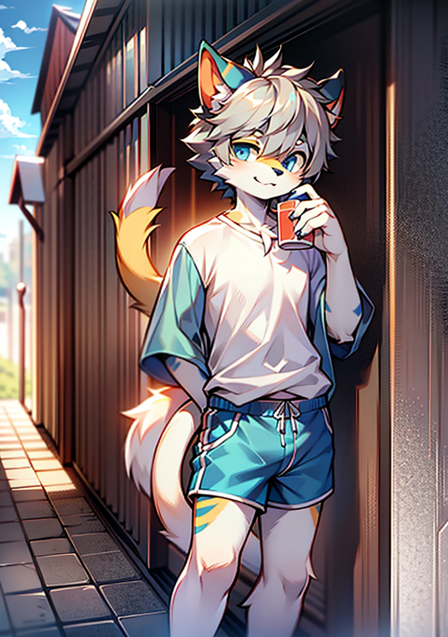 bright eyes, panorama, character focus solo, furry, furry male cat, male yellow-white fur, blue eyes, gray hair (long), wearing blue shorts and shorts, casual clothing, young style, height one meter seven, handsome, has a tail,