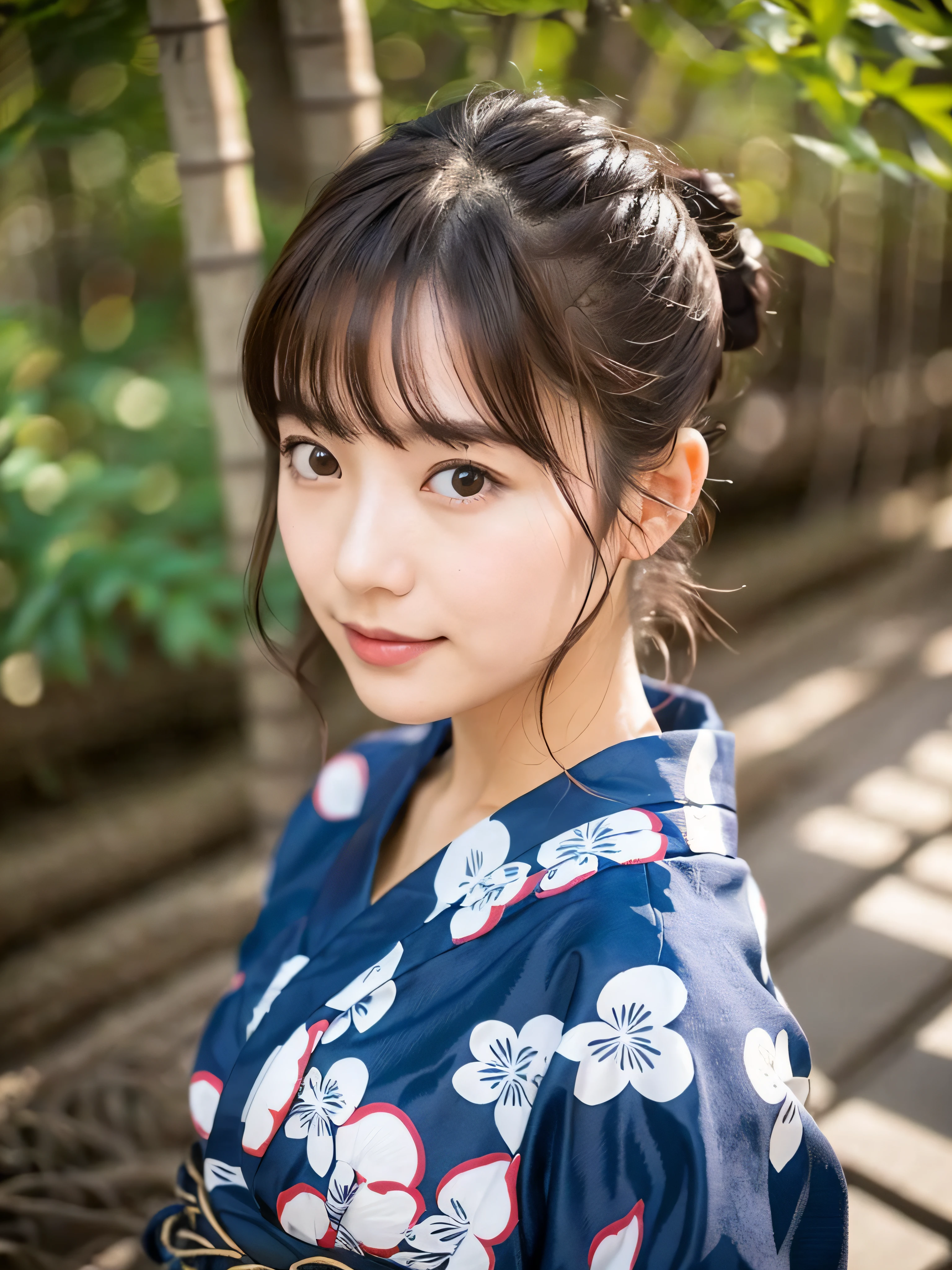 (Masterpiece:1.3), (8k, Photorealistic, RAW Photography, Best Quality: 1.4), (((1girl))), A pretty woman with perfect figure :1.4, Cute face, Beautiful Face, (Realistic Face), Beautiful Hairstyle, Realistic Eyes, Beautiful Details, (Realistic Skin), Beautiful Skin, Attractive, Ultra High Definition, Ultra Realistic, Very Detailed, (brown hair, small breasts:1.3), (cleavage:0.8), Japanese, short bob, bangs, ((slim figure:1.2)), slim face, Small buttocks, gentle smile, (((Yukata))), slightly slender face, Sunlight filtering through foliage in Kyoto's famous bamboo grove, From above, dutch_angle,