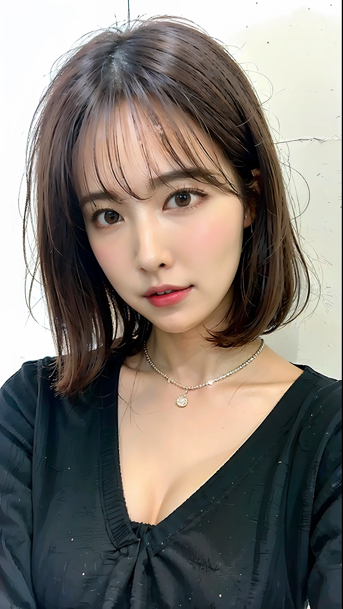 (Best quality, 8k, 32k, Masterpiece, UHD:1.2),Photo of Pretty Japanese woman, large breasts, very short bob hair,upper body,face focus,oversized_sweater, necklace, simple background, from above, looking at viewer,