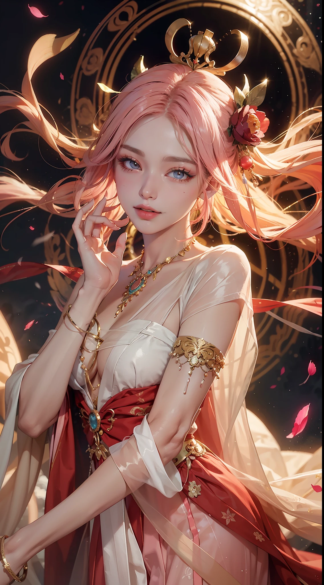 Realistic, (巨作, Top quality, Best quality, Art officiel, Beautiful and aesthetic:1.2), intensely detailed,s fractal art,rich colour,Most detailed,dynamic angle,(Fairy on the clouds)1 god girl,The Queen,Light pink hair,a Mandala,Bright eye,Hair combed back, happy tears, hime cut, Light smile, Glowing eyes, upturned eyes, long eyelash,hair flower, hair ornament,glaring,White translucent robe,Open cloth,fromabove