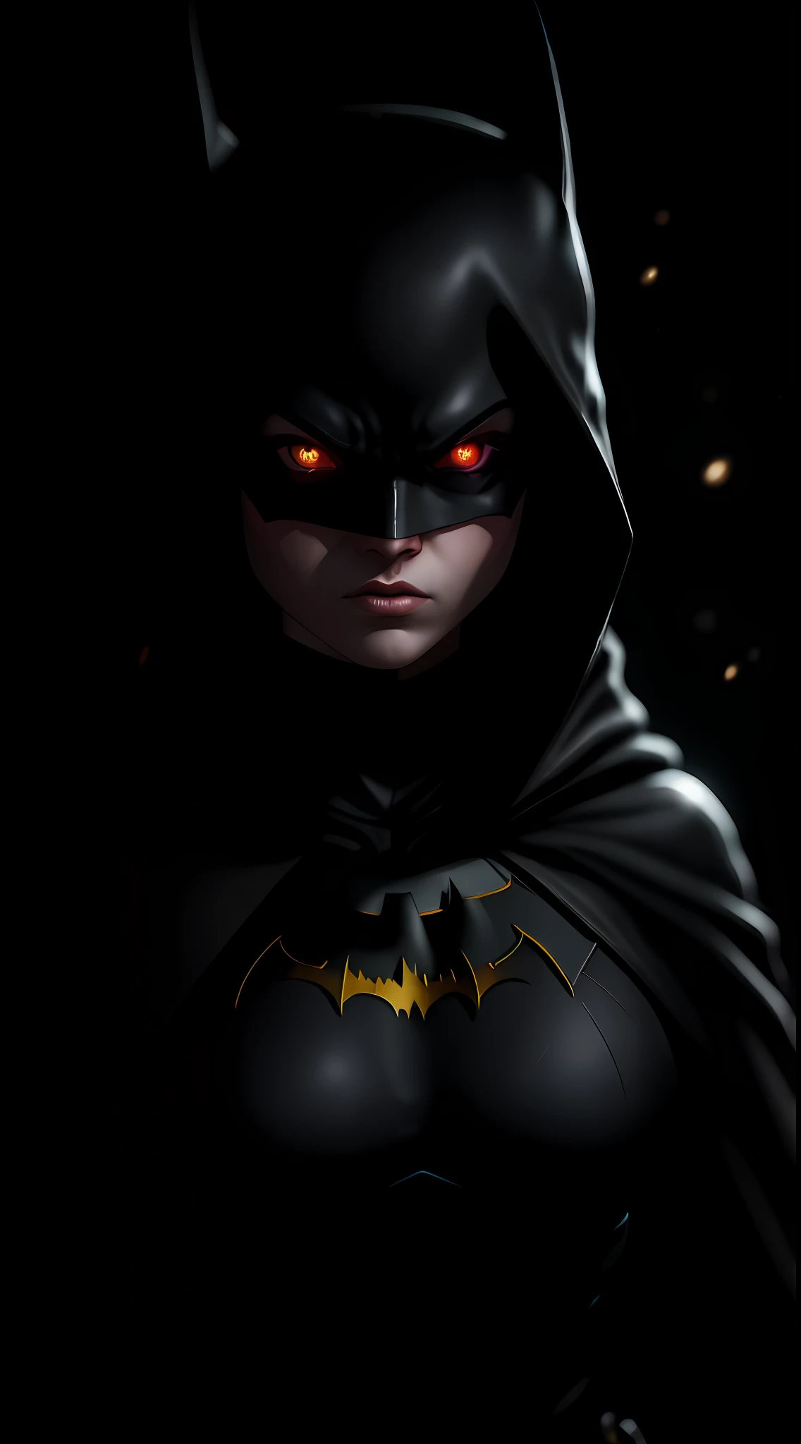 (dark shot: 1.1), epic realistic, Batgirl in the dark with glowing eyes and glowing cape, soft cinematic light, Adobe Lightroom, darkroom, HDR, intricate, highly detailed, (depth of field: 1.4), hyper-detail (artstation: 1.4), cinematic, warm light, dramatic light (complex details: 1.1)