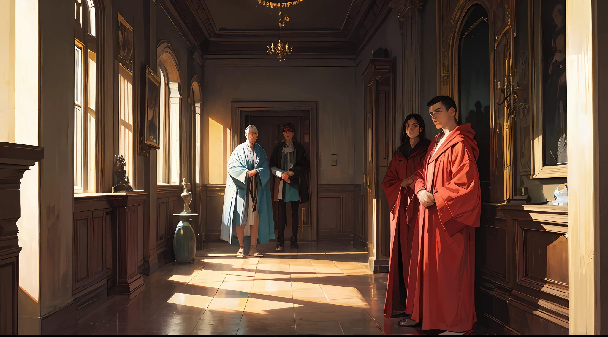 Three Men's Headshot, wearing robes, dois na lateral e um no centro, o homem do centro unsando roupas pretas dentro da sala do trono, standing looking at King Darius --auto
