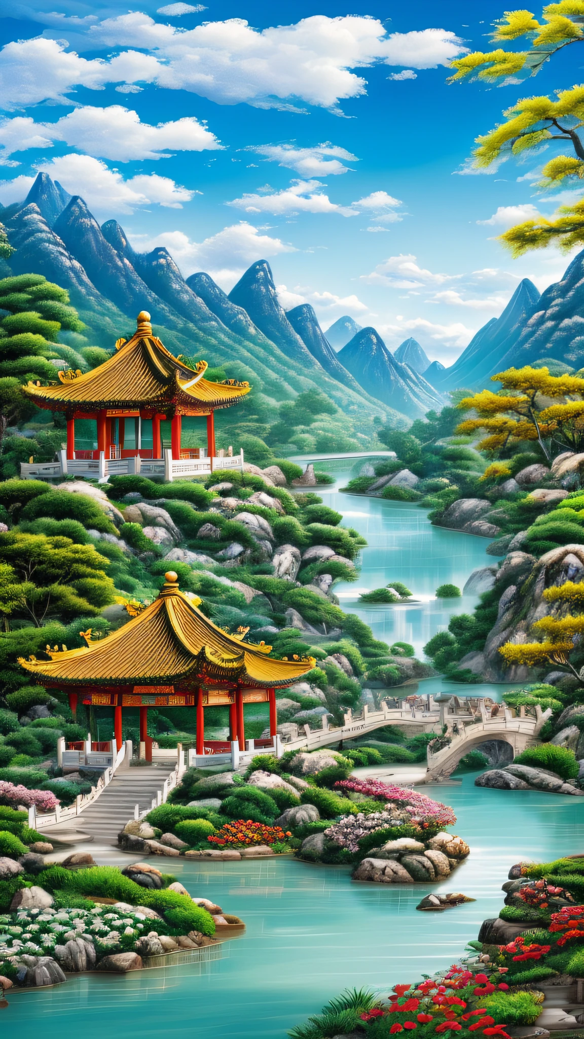 mdjrny-pprct, Chinese architecture, gardens, mountains and rivers, clouds (high detail: 1.2)