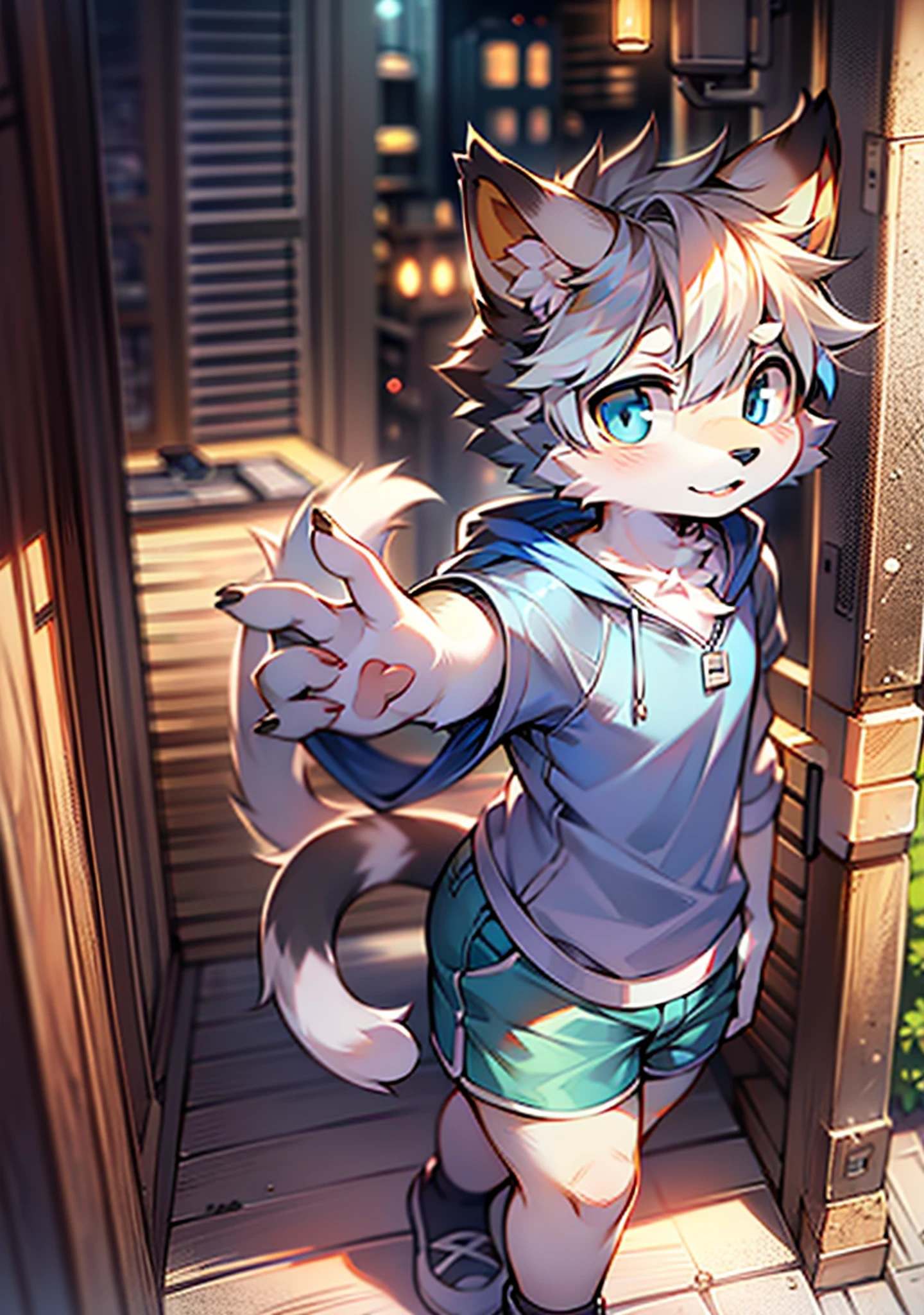 bright eyes, panorama, character focus solo, furry, furry male cat, male yellow-white fur, blue eyes, gray hair (long), wearing blue shorts and shorts, casual clothing, young style, height one meter seven, handsome, has a tail,