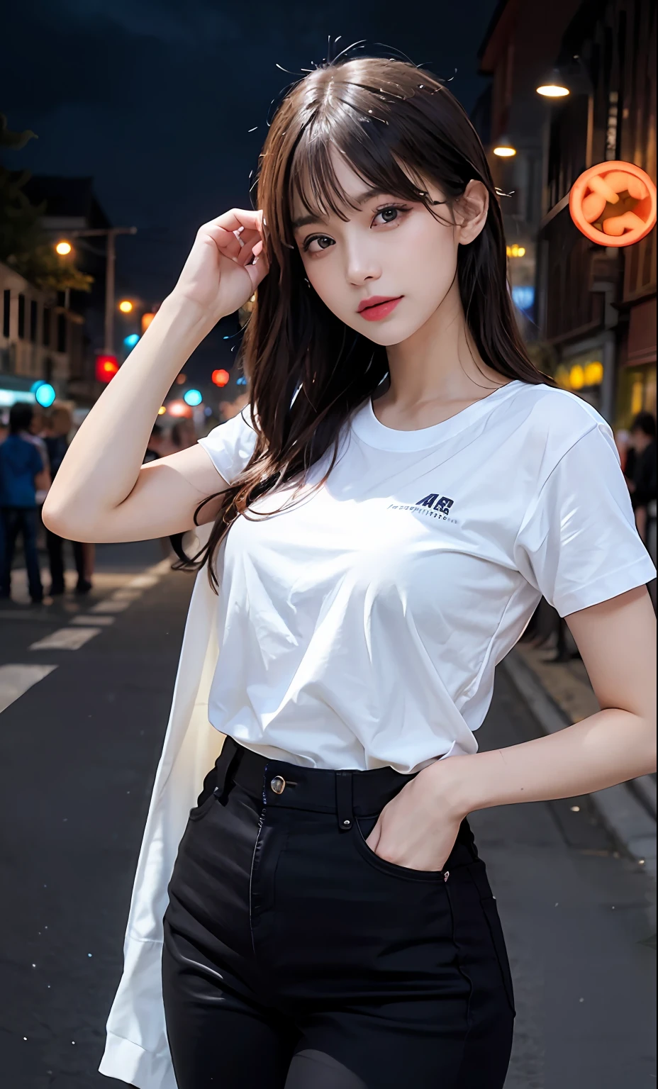 (Raw photography:1.2)、Top Quality、beautiful detailed girls、Bunny Girl、angry looking face、highly detailed eyes and faces、Beautiful detailed eyes、huge filesize、highly resolution、highly resolution、8k壁紙、finelydetail、Highly detailed ticker uniform 8K wallpaper、Light on the face、Movie lighting、16-year-old girl、sexy pose each other、(photo realism:1.4)、illutst、Surrealism、 super detaill、巨作、in a street, Night, Neon light, white t-shirts, no-bra, Black pants, poker face, front-view, standing a, in a crowd of people,smile on face
