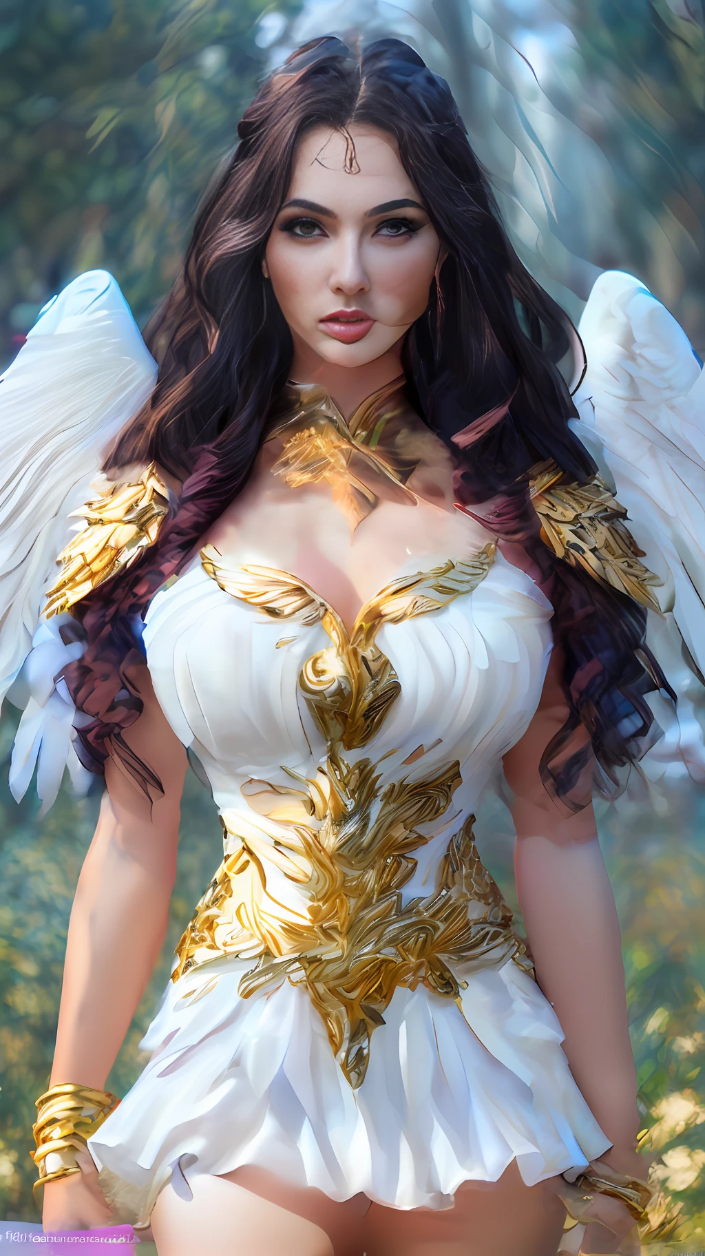 Beautiful woman with angelic face, olhos detalhados e perfeitos, thick lips, Longas, flowing hair, uma obra prima linda, realista, asas lindas e transparentes, corpo perfeito e detalhado, rosto detalhado, Detailed and flowing dress, floresta dos sonhos