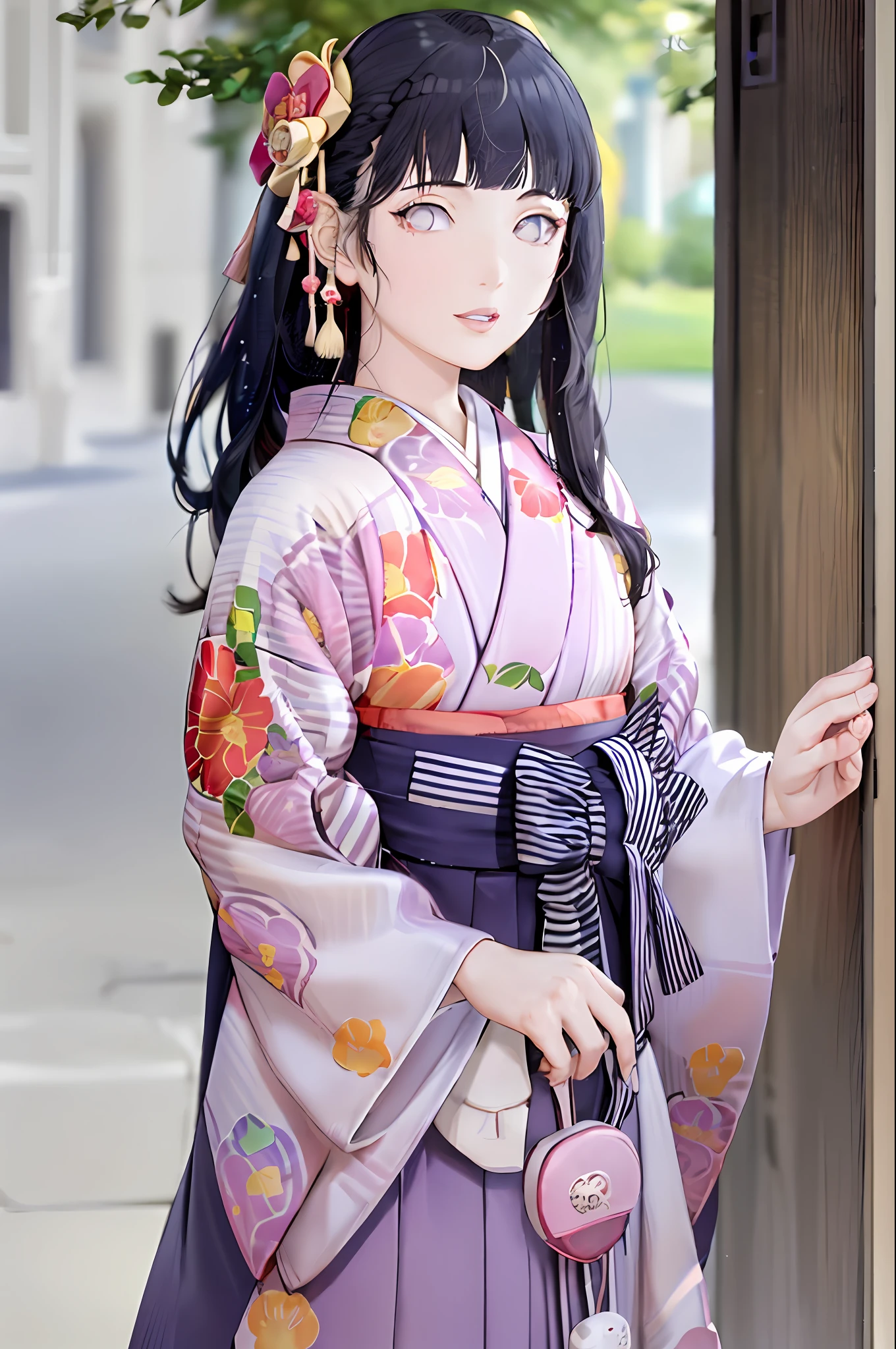 hakama skirt, 1girl, solo, outdoor, cute japanese model girl, floral print, hair ornament, kimono, hakama, bangs, masterpiece, best quality, purple eyes, dark blue hair, long hair, blunt bangs, updo hair, pink lips, hand down