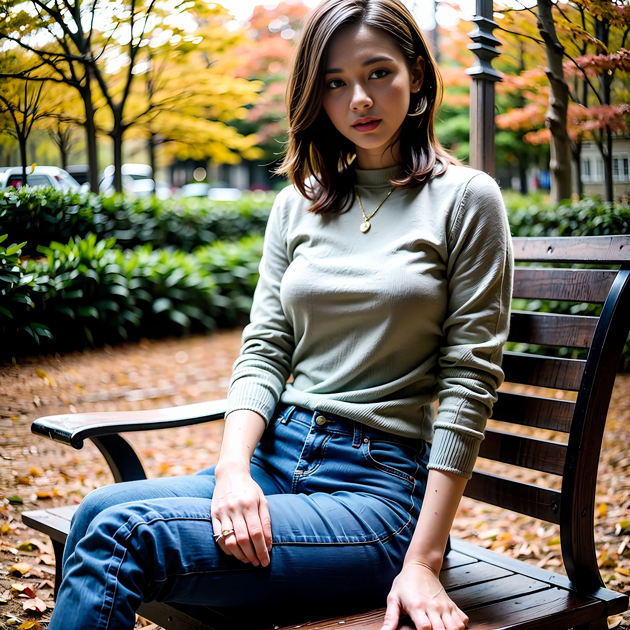 (8k, best quality, masterpiece:1.2), (realistic, photo-realistic:1.37), ultra-detailed,best quality, ultra high res, professional lighting, photon mapping, radiosity, physically-based rendering, cinematic lighting,woman sitting on a bench, in the autumn, during autumn, in autumn, women solo, sitting on a park bench, sitting in a colorful forest,melancholy autumn light, sitting on a bench, 🍂 cute, bohemian cut hairstyle, blonde hair, 27 years old, raw photo, muffler, sweater, mature