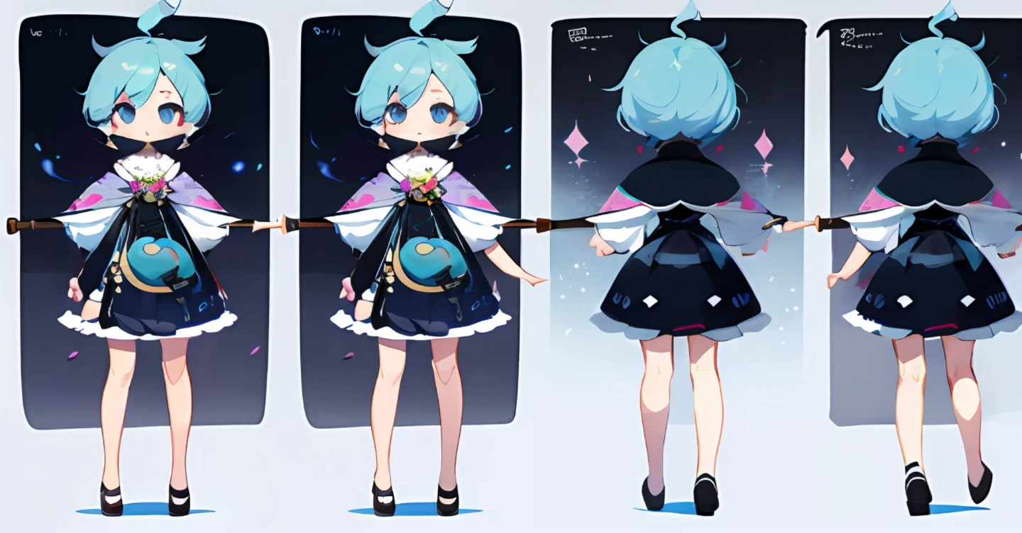 ((Masterpiece)),(((Best quality))),（character design sheet, Same character full body, front facing, half side facing, back facing), Extremely detailed, in 8K resolution, 1girls, ((Chibi T-Shi:1.5)), little witch girl, holding a thunder staff, (kawaii:1.4), Whimsical, glowing, Fun, Arcane, monster, small, ??? girl,（Simple background，White background:1.3）