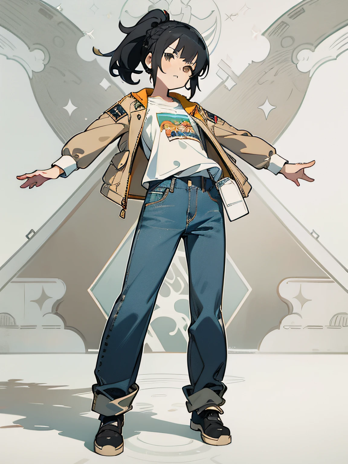 Serious ,Raise your arms over your chest,aged 13,Flat-chested,Ponytail braid,black color hair,Beige clothes,Full body image design,IP design,Pure white background,Heads-up view,Denim pants