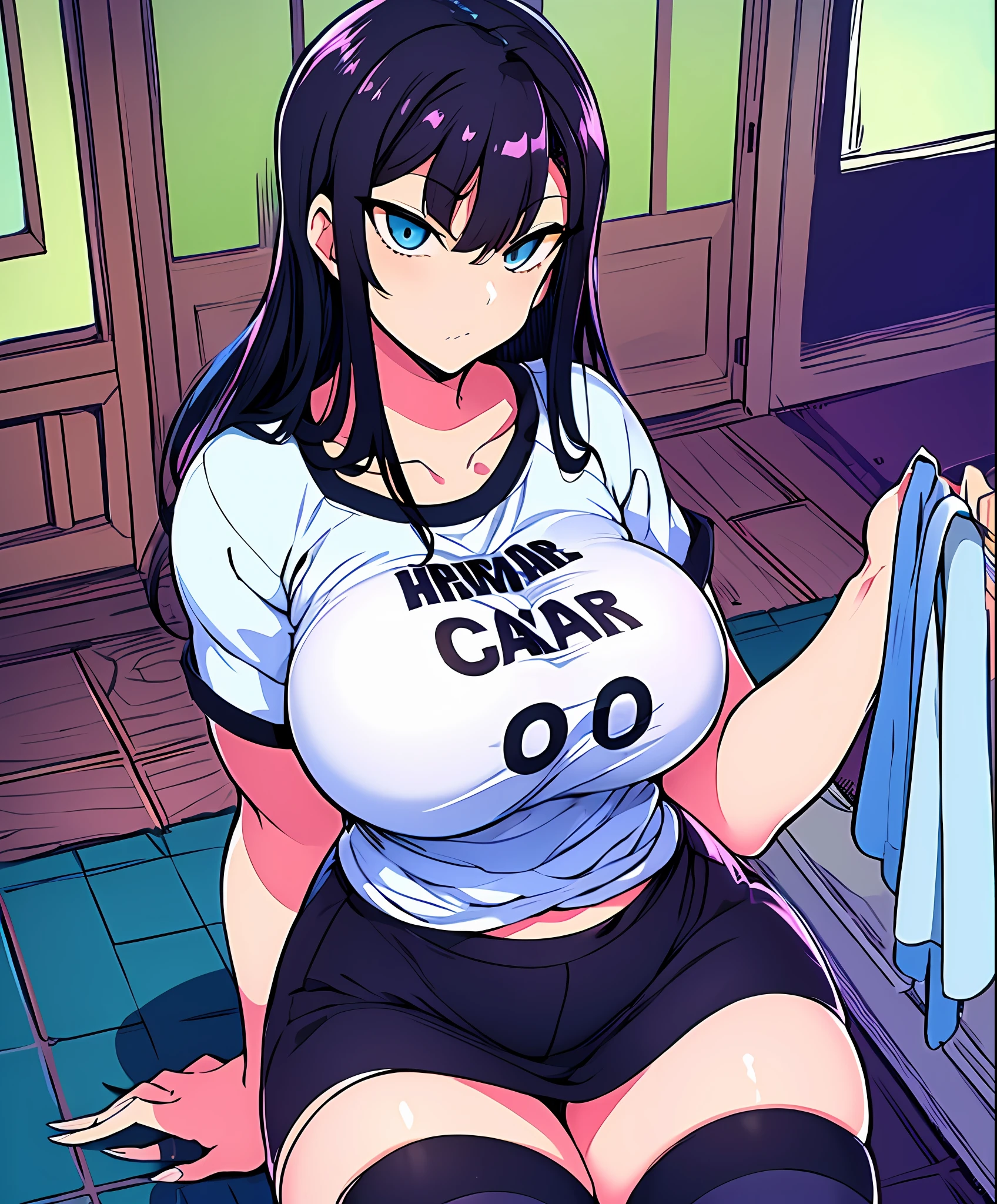 巨作, highly best quality, High_resolution, Fine details, an extremely detailed and beautiful, Distinct_image, 1个女孩, , dark haired,Blue Eye, (gigant breasts), (titts),Curve,Black T-shirt,long hem,(thighhigh),porch,Miniskirt