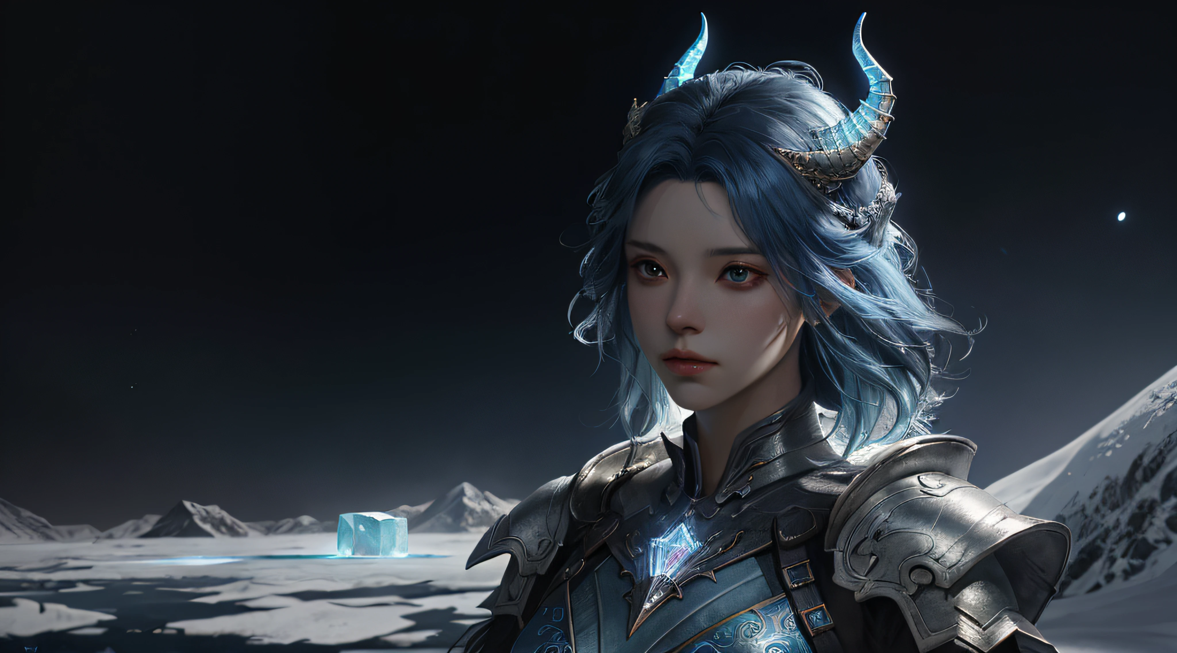 A blue-haired woman,The woman has crystal dragon horns that have let the light shine,There is an ice dragon in the background, On the head is a pair of blue glowing ice crystal dragon horns, Fantastic snow and ice background,deep of field,chengwei pan on artstation, by Yang J, detailed fantasy art, Stunning character art, Fanart Meilleure ArtStation, epic exquisite character art, Beautiful armor, Extremely detailed Artgerm, Detailed digital anime art, Artgerm on ArtStation Pixiv, Armor Girl, intricately-detailed, Cinematic lighting, octane rendered, 8k render, Volumetric lighting, the universe, deep outer space, professional ominous concept art, by Artgerm and Greg Rutkowski, an intricate, elegant, highly detailed digital painting, concept arts, smooth, Sharp focus, illustration,