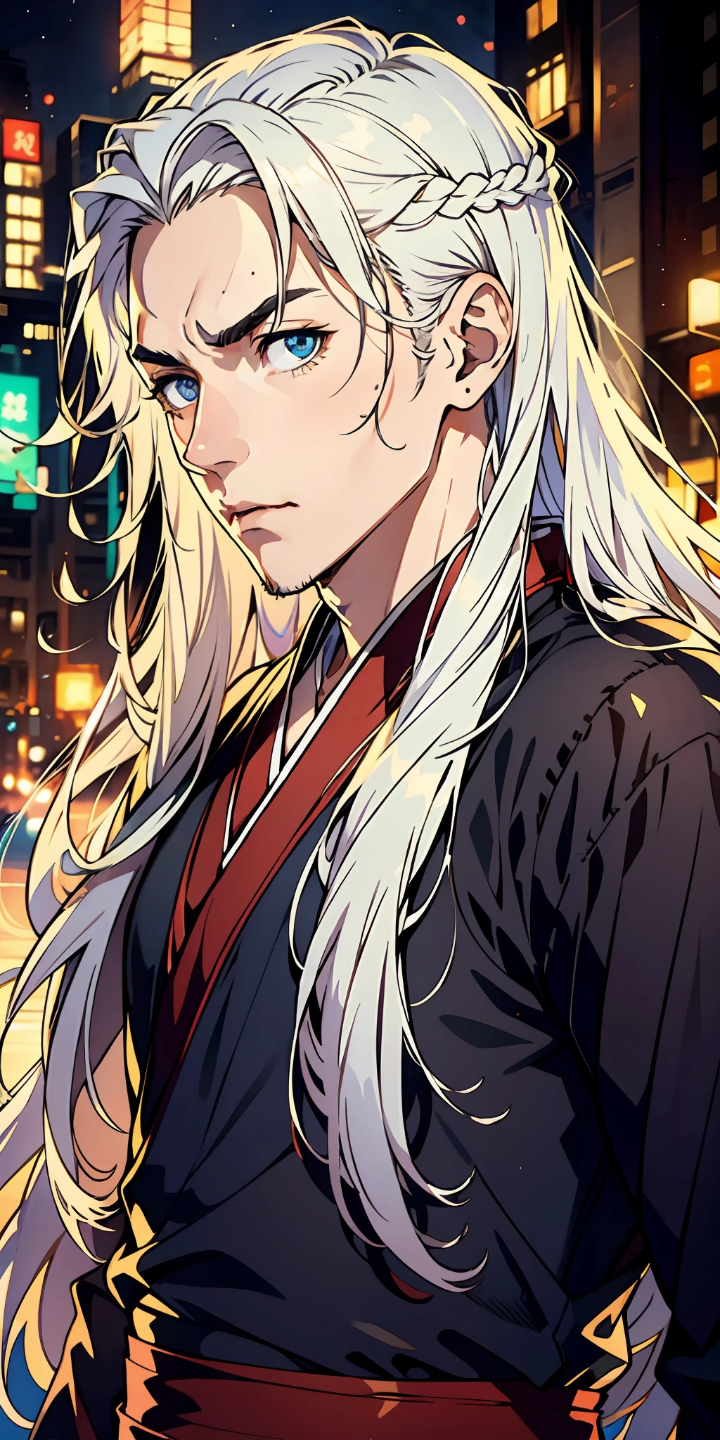A 25-year-old man,Nice blue eyes,White long hair,Serious,Raise an eyebrow, (Hanfu), sidelighting, Stars, Cityscape, Armageddon,Masterpiece of the best quality,8K,intensely detailed,hight quality,highly resolution