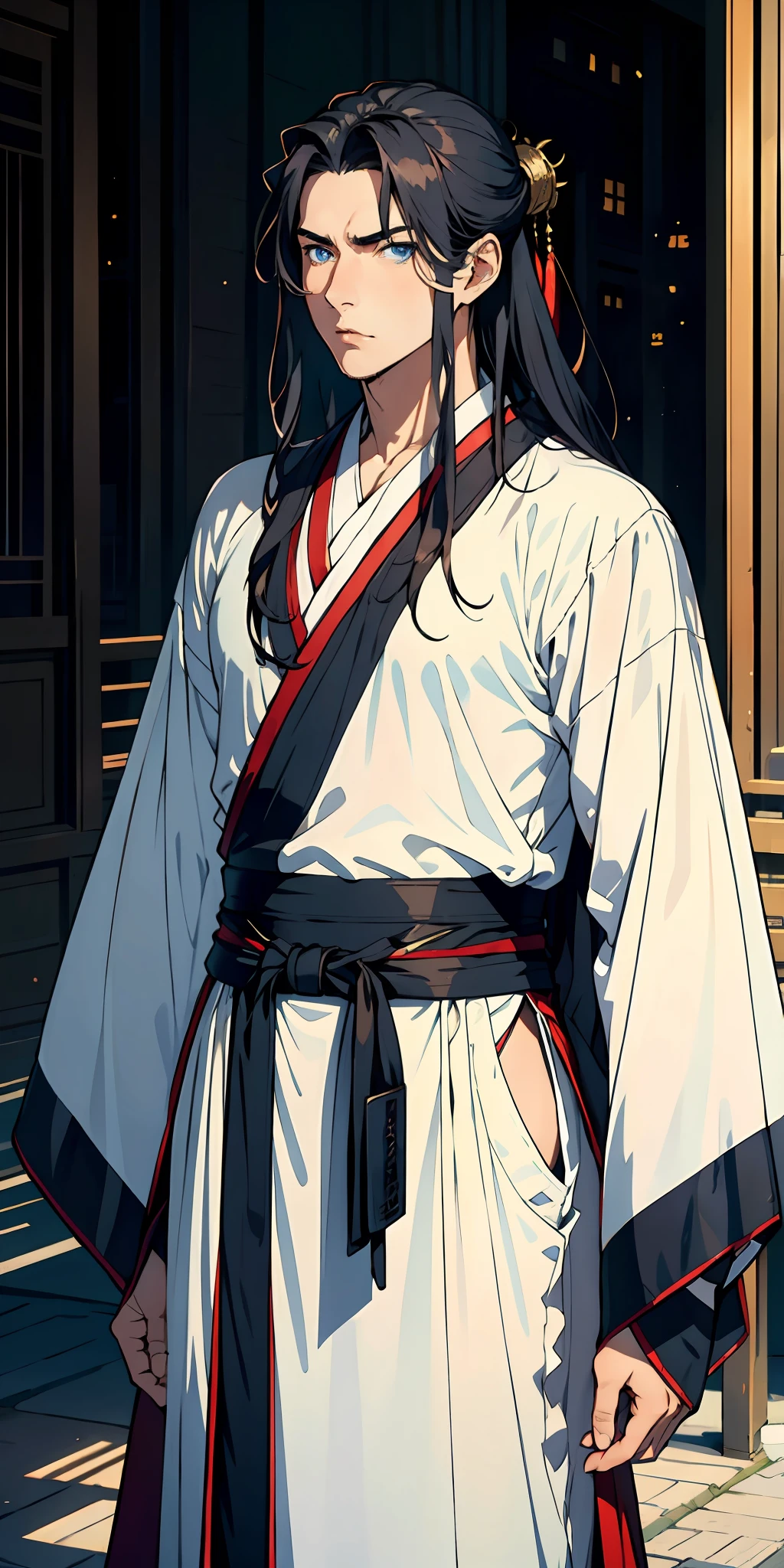 A 25-year-old man,Nice blue eyes,White long hair,serious,Raise an eyebrow, (Hanfu), sidelighting, Stars, Cityscape, Armageddon,Masterpiece of the best quality,8K,intensely detailed,hight quality,highly resolution