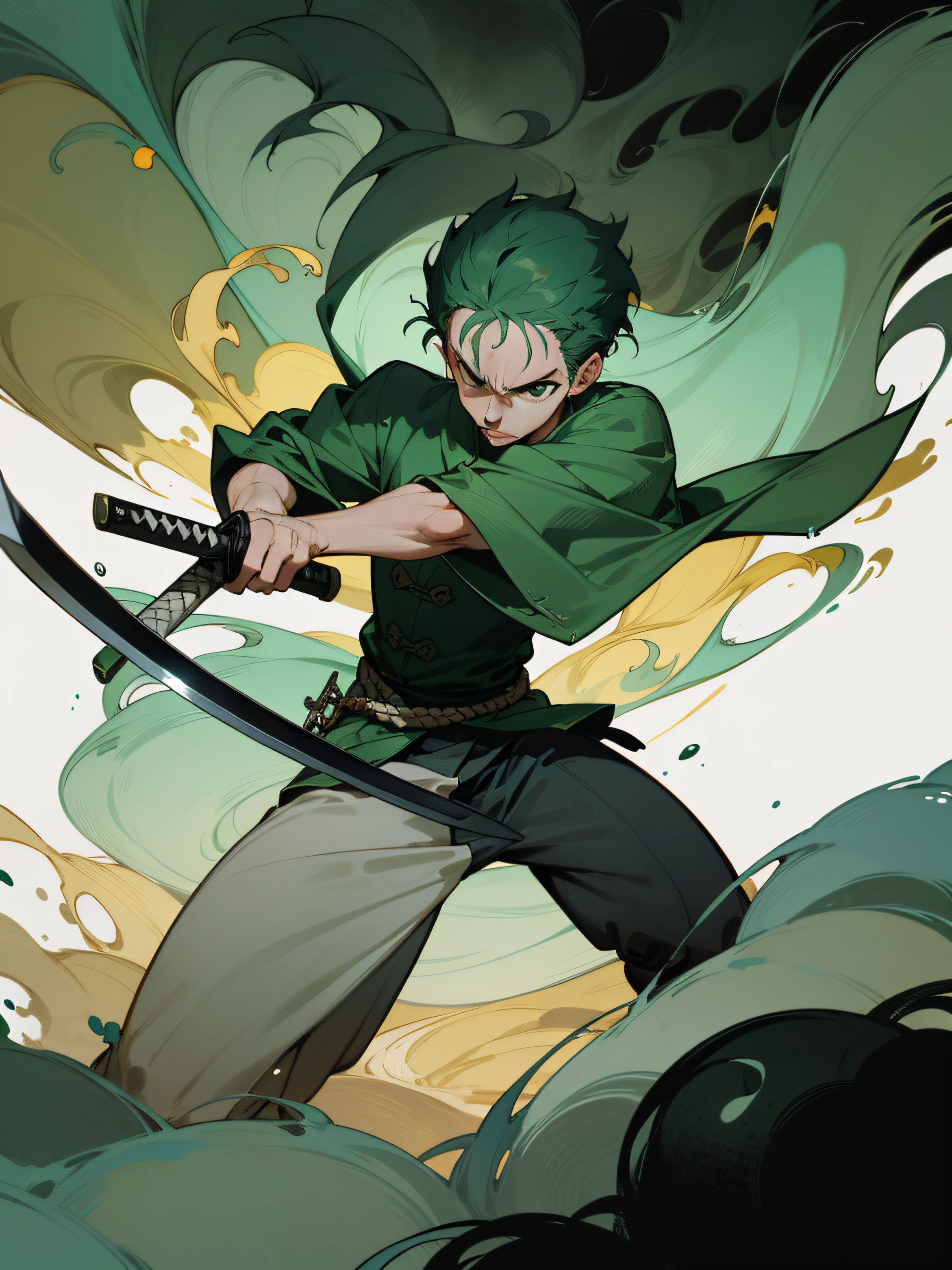 Roronoa Zoro Wield a sword in a forest, short hair,soggy,loose and fluid， swirling vortexes, Chinese blade,dark gray and green,strong use of color,Prospectin, the style of action paintings, ink painting style,illustration