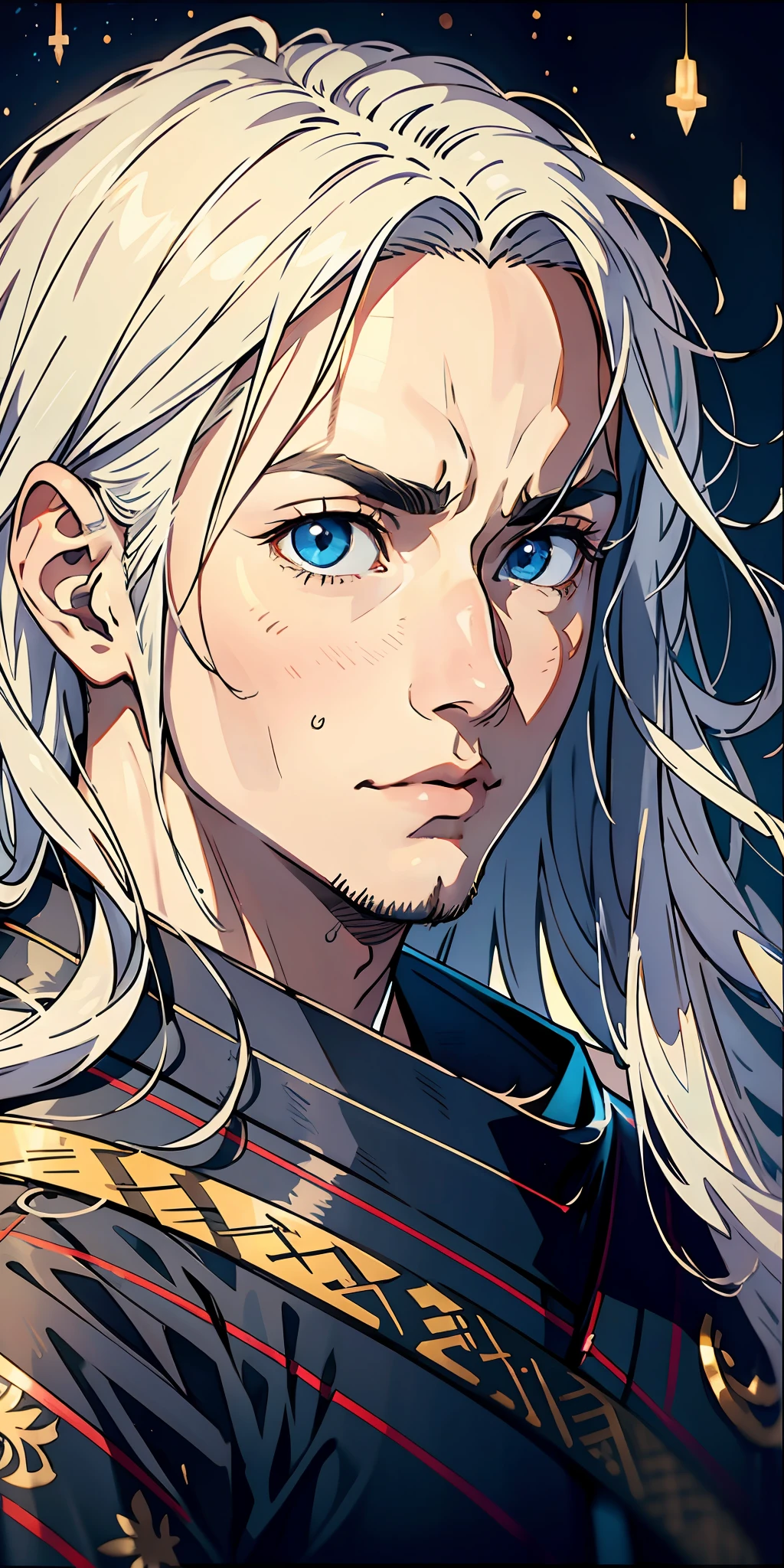 A 25-year-old man，Nice blue eyes，White long hair，Serious，Raise an eyebrow， (Hanfu), sidelighting, Stars, Cityscape, Armageddon，Masterpiece of the best quality，8K，intensely detailed，hight quality，highly resolution