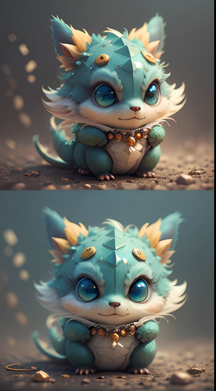 Gorgeous little surreal dragon with realistic eyes and bright different colors care necklace， There are blue crystals on the body，Chibi T-Shi， adorable and cute， Logo design， cartoony， Cinematic Light Effects， mesmerizing， 3D vector art， Cute and quirky， fantasy art， bokeh， hand draw， digital paintting， subdued lighting， Isometric style， 4K resolution， realistic render， highly detailed cleaning， Vector Image， Photorealistic masterpiece， professional photography， Simple space landscape，isometric，vibrant vector