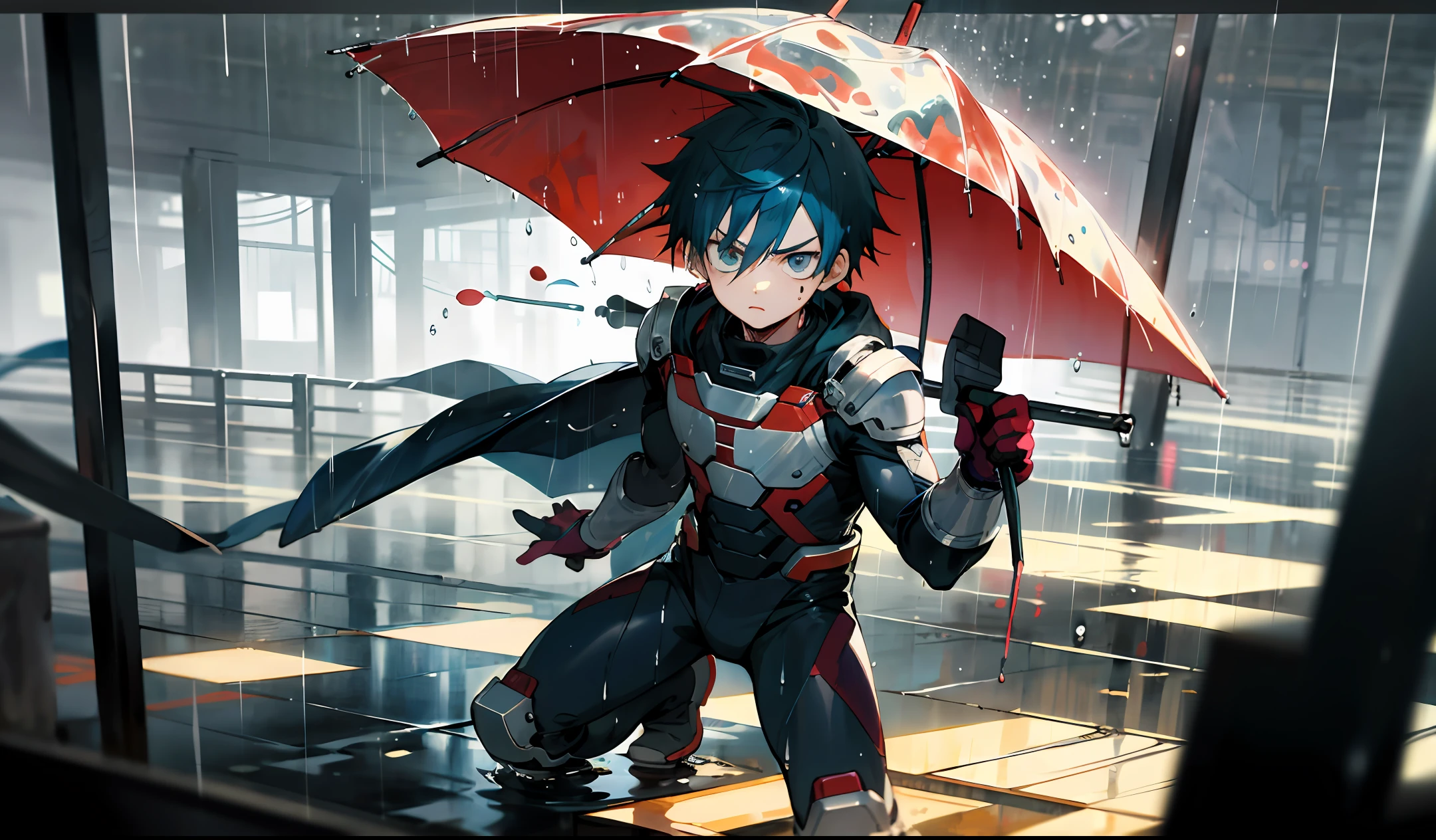 gamin、male child、shonen、hero、Wearing a hero suit、Wet、It's raining、Hitting the rain、Melancholy look、Shota