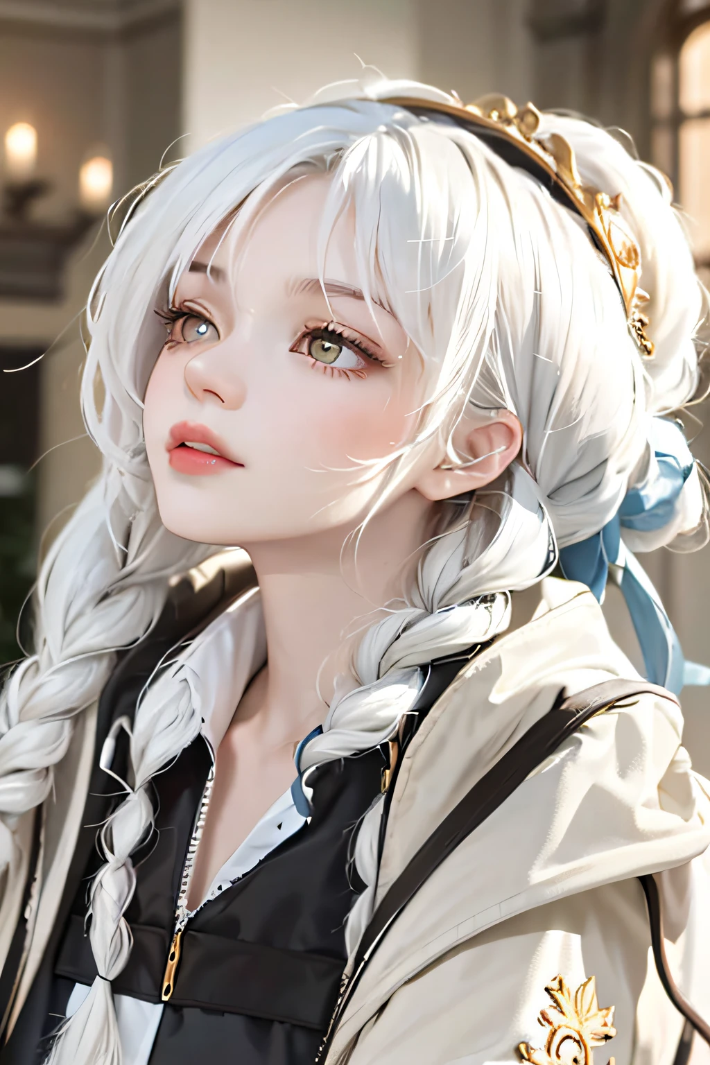 best quality, masterpiece,white hair, gold eyes,white clothes, looking up, upper body,hair strand,Fair skin,side braids