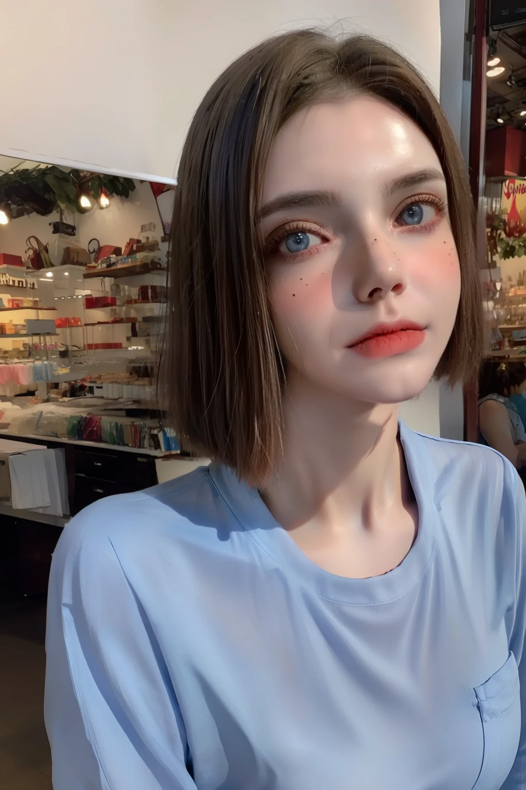 Best quality, masterpiece, ultra high res, (photorealistic:1.4), raw photo, 1girl, short black hair, makeup, blue eyes