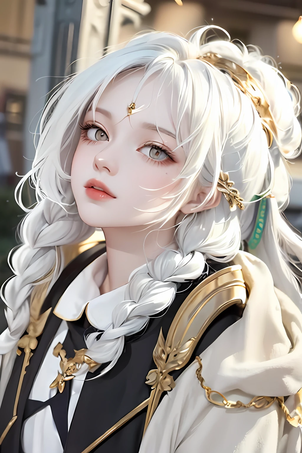 best quality, masterpiece,white hair, gold eyes,white clothes, looking up, upper body,hair strand,Fair skin,side braids
