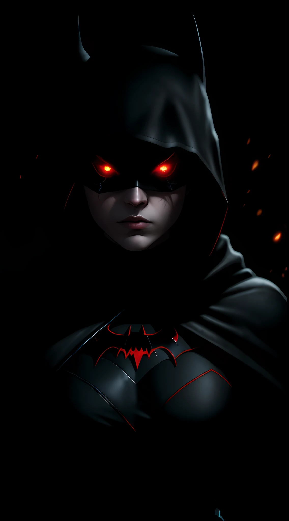 (dark shot: 1.1), epic realistic, Blood Batgirl in the dark with glowing eyes and glowing cape, soft cinematic light, Adobe Lightroom, darkroom, HDR, intricate, highly detailed, (depth of field: 1.4), hyper-detail (artstation: 1.4), cinematic, warm light, dramatic light (complex details: 1.1)