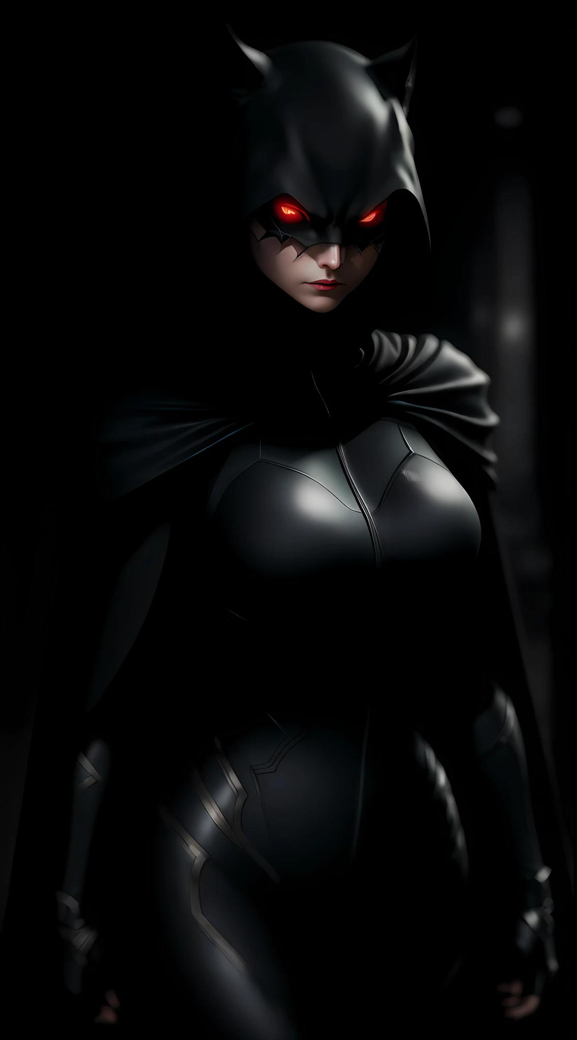 (dark shot: 1.1), epic realistic, Armor Catwoman in the dark with glowing eyes and glowing cape, soft cinematic light, Adobe Lightroom, darkroom, HDR, intricate, highly detailed, (depth of field: 1.4), hyper-detail (artstation: 1.4), cinematic, warm light, dramatic light (complex details: 1.1)