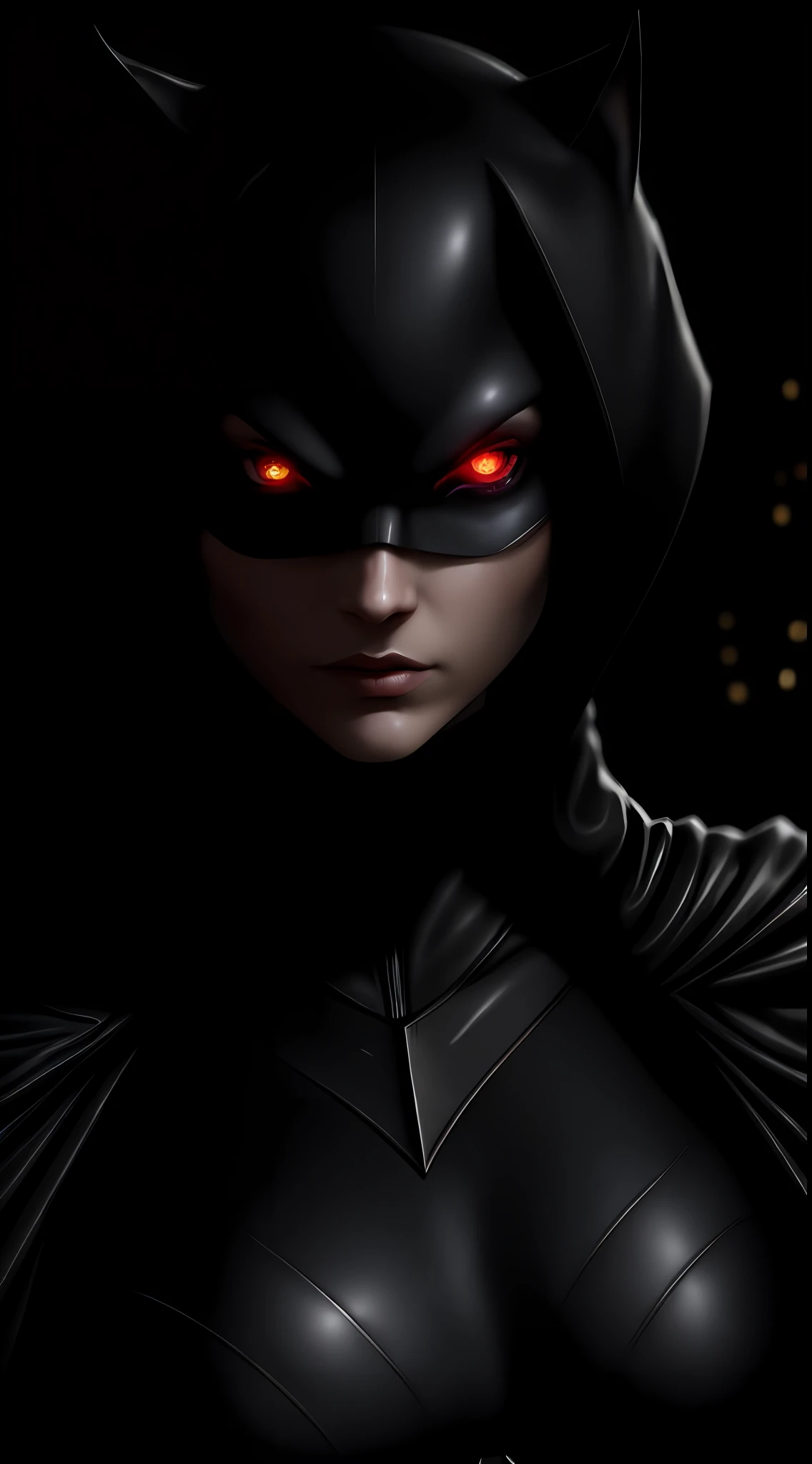(dark shot: 1.1), epic realistic, Armor Catwoman in the dark with glowing eyes and glowing cape, soft cinematic light, Adobe Lightroom, darkroom, HDR, intricate, highly detailed, (depth of field: 1.4), hyper-detail (artstation: 1.4), cinematic, warm light, dramatic light (complex details: 1.1)