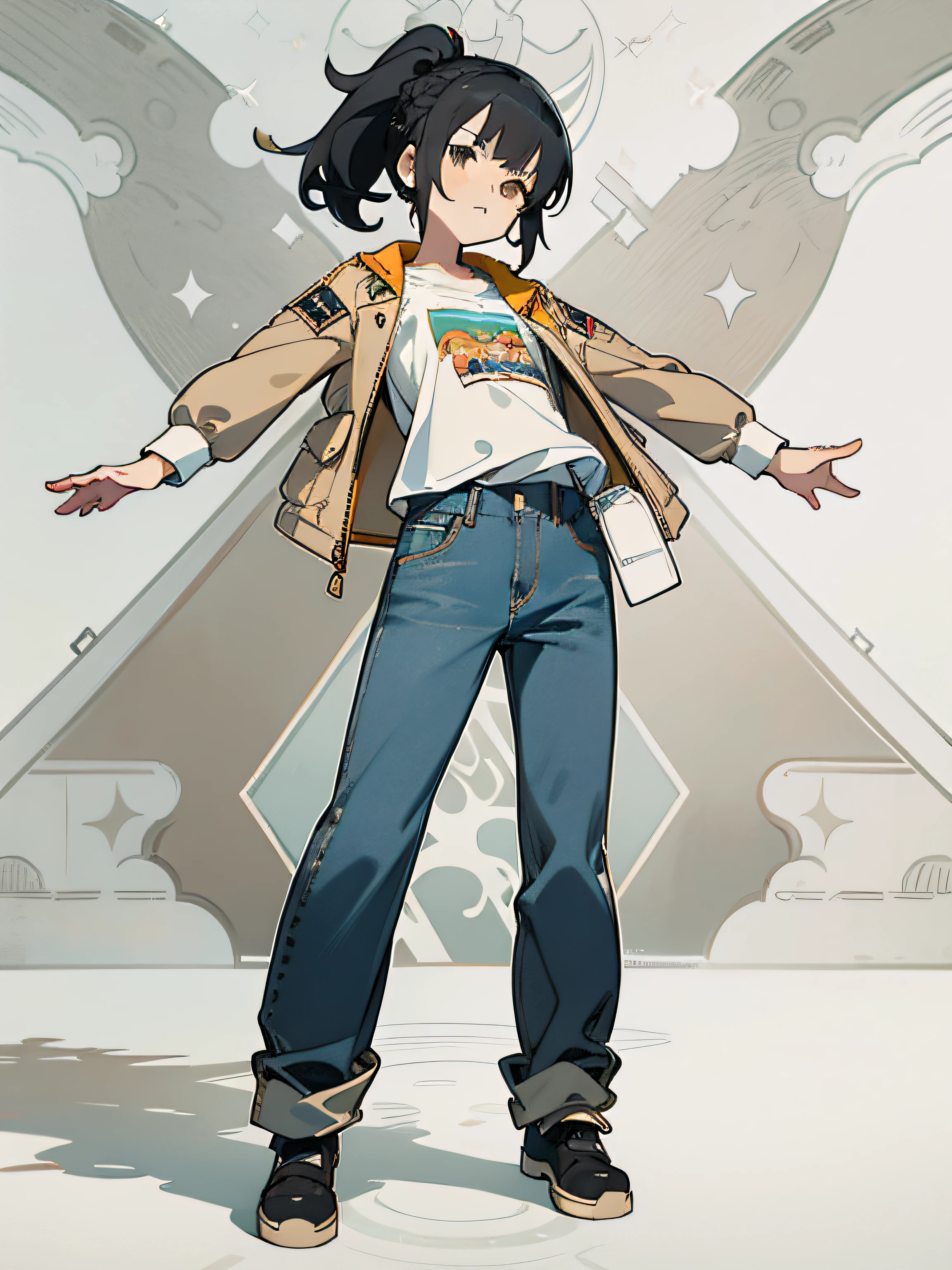 Serious little girl,Raise your arms over your chest,aged 13,Flat-chested,Ponytail braid,black color hair,Beige clothes,Full body image design,IP design,Pure white background,Heads-up view,Denim pants