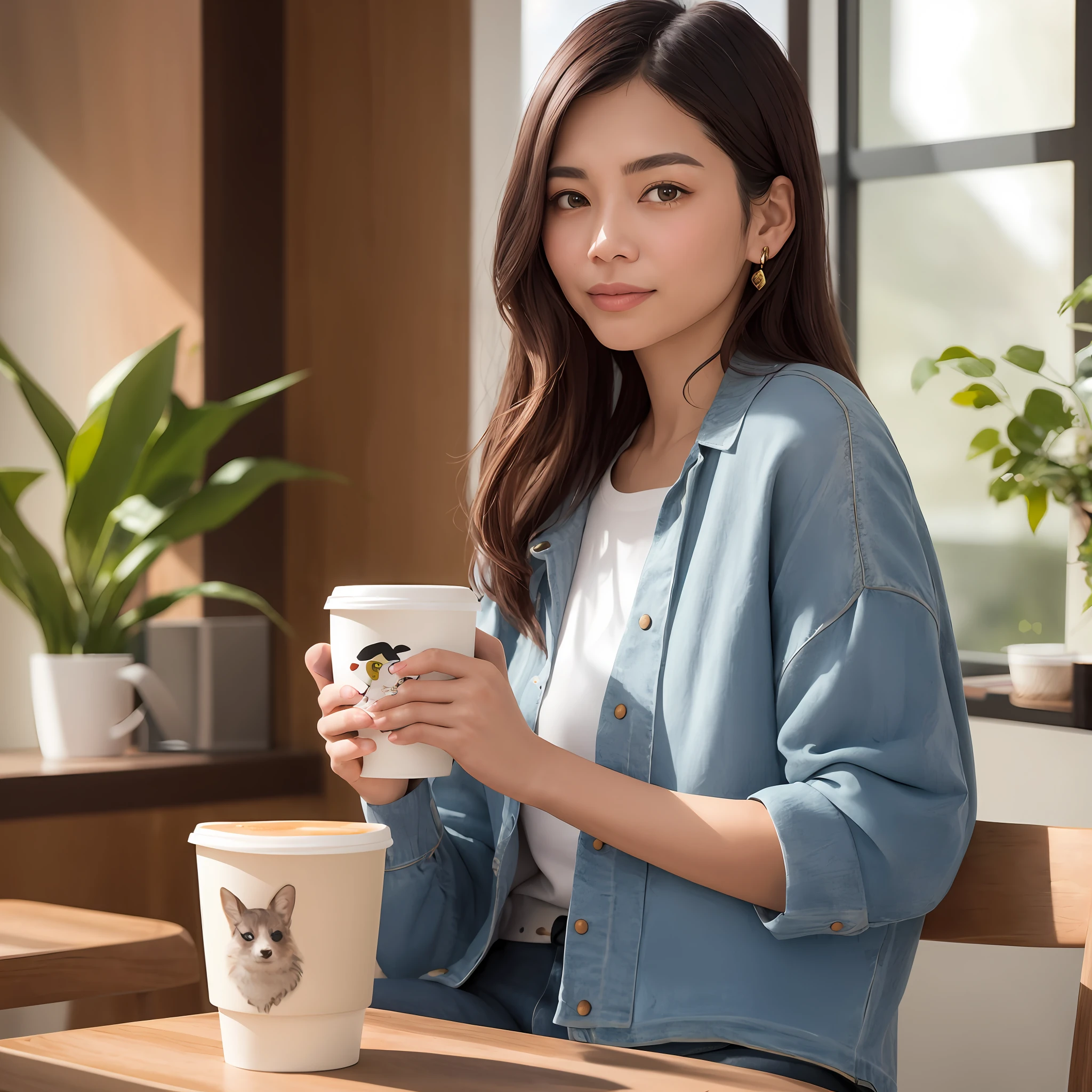 araffe woman holding a cup of coffee in front of a window, a portrait inspired by Yuko Tatsushima, tumblr, dau-al-set, with a white mug, drinking a coffee, is ((drinking a cup of tea)), cindy avelino, drinking a cup of coffee, woman drinking coffee, drinking coffee