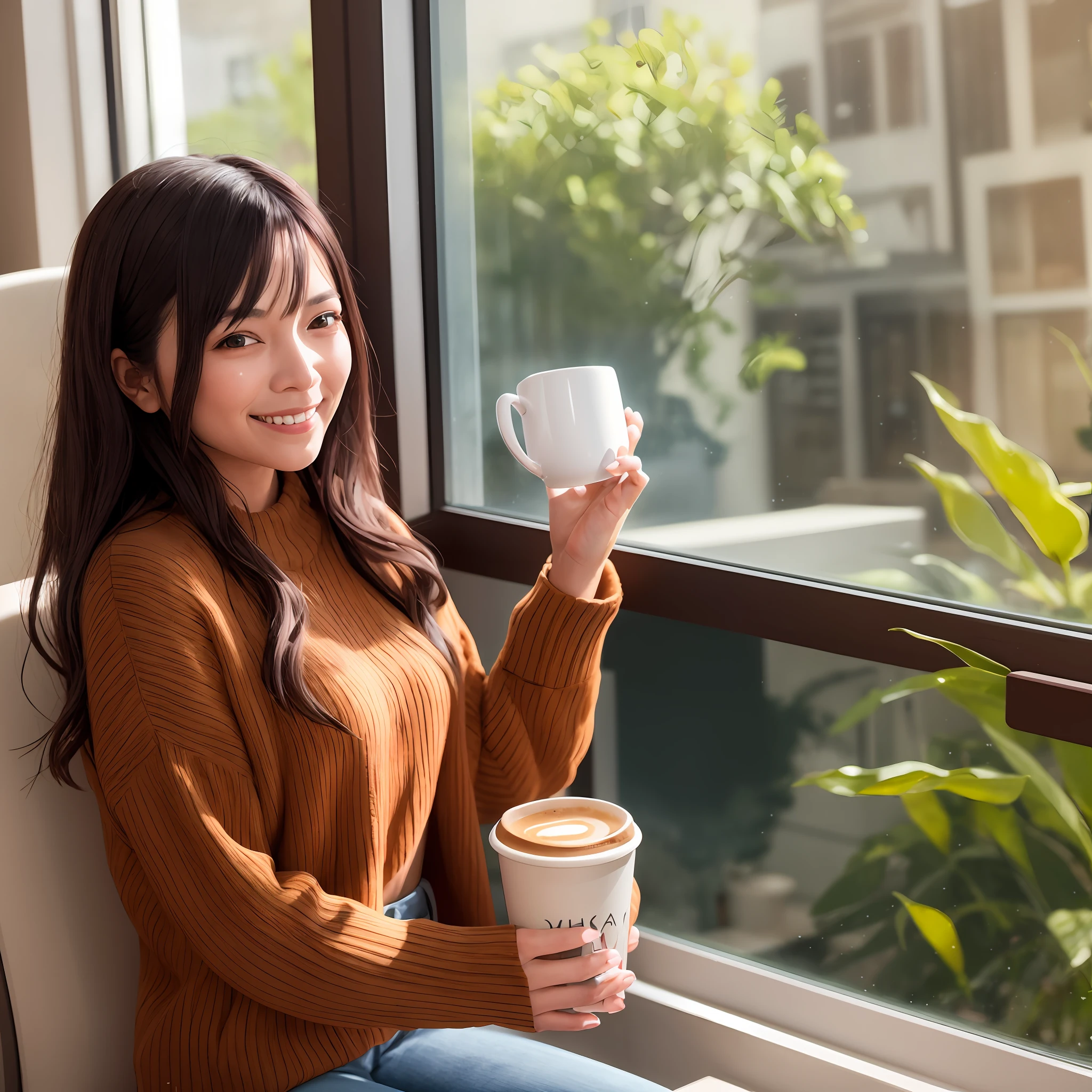araffe woman holding a cup of coffee in front of a window, a portrait inspired by Yuko Tatsushima, tumblr, dau-al-set, with a white mug, drinking a coffee, is ((drinking a cup of tea)), cindy avelino, drinking a cup of coffee, woman drinking coffee, drinking coffee