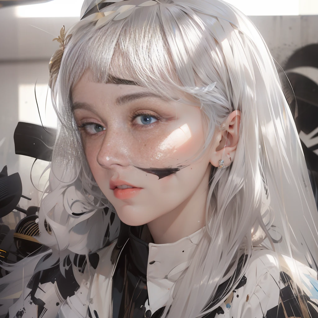 Silver hair, Messy hair, Expressive hair, Eyeshade,  head wreath, Moles under eyes, Multicolored eyes, diamond-shaped pupils, Crazy, disdain,  abstract expressionism,  Backlighting, From above, From below, Bokeh, extreme wide angle, Ultra HDR, Textured skin, high detailes, High quality