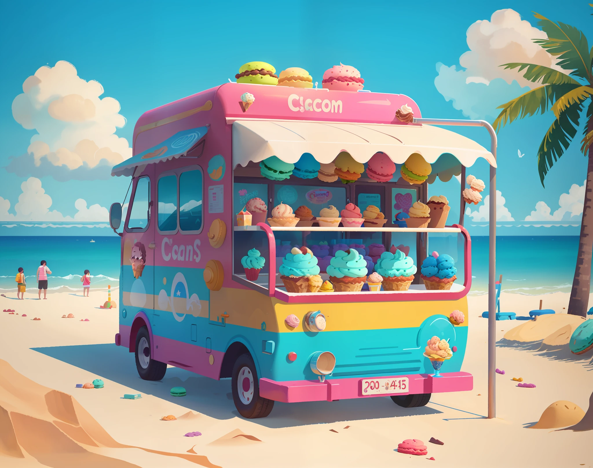 A big ice cream truck，The background is on the beach，there is blue sky，coconut trees，3 d model，Macaron color system，The color block is clear，Bright colors，line art，Unlimited details，Fine painting，Beautifully portrayed，8K，